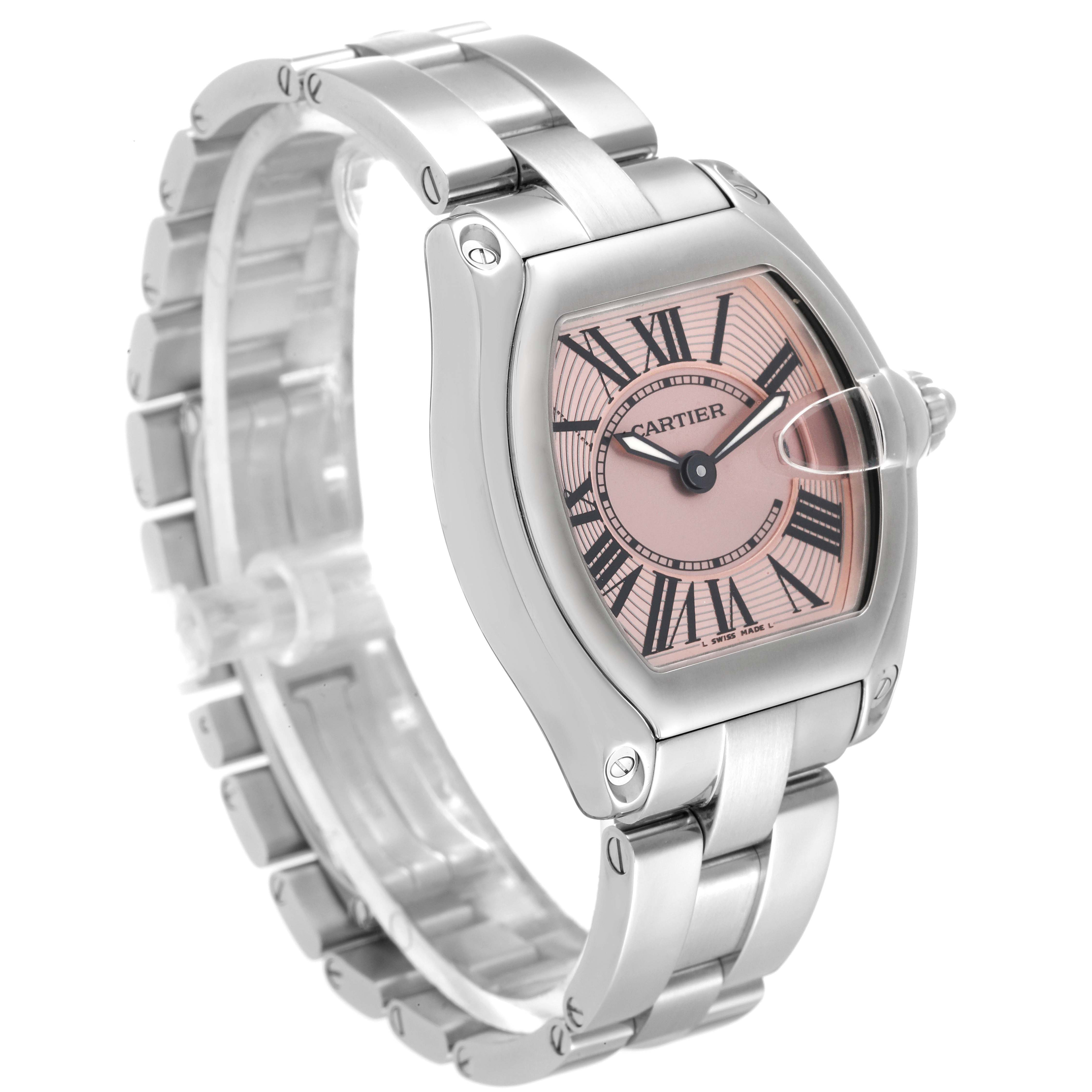 This image shows a Cartier Roadster W62017V3 Women's Stainless Steel Pink Dial W62017V3 Women's Stainless Steel Pink Dial watch from a three-quarter front angle, highlighting the dial, case, and bracelet.
