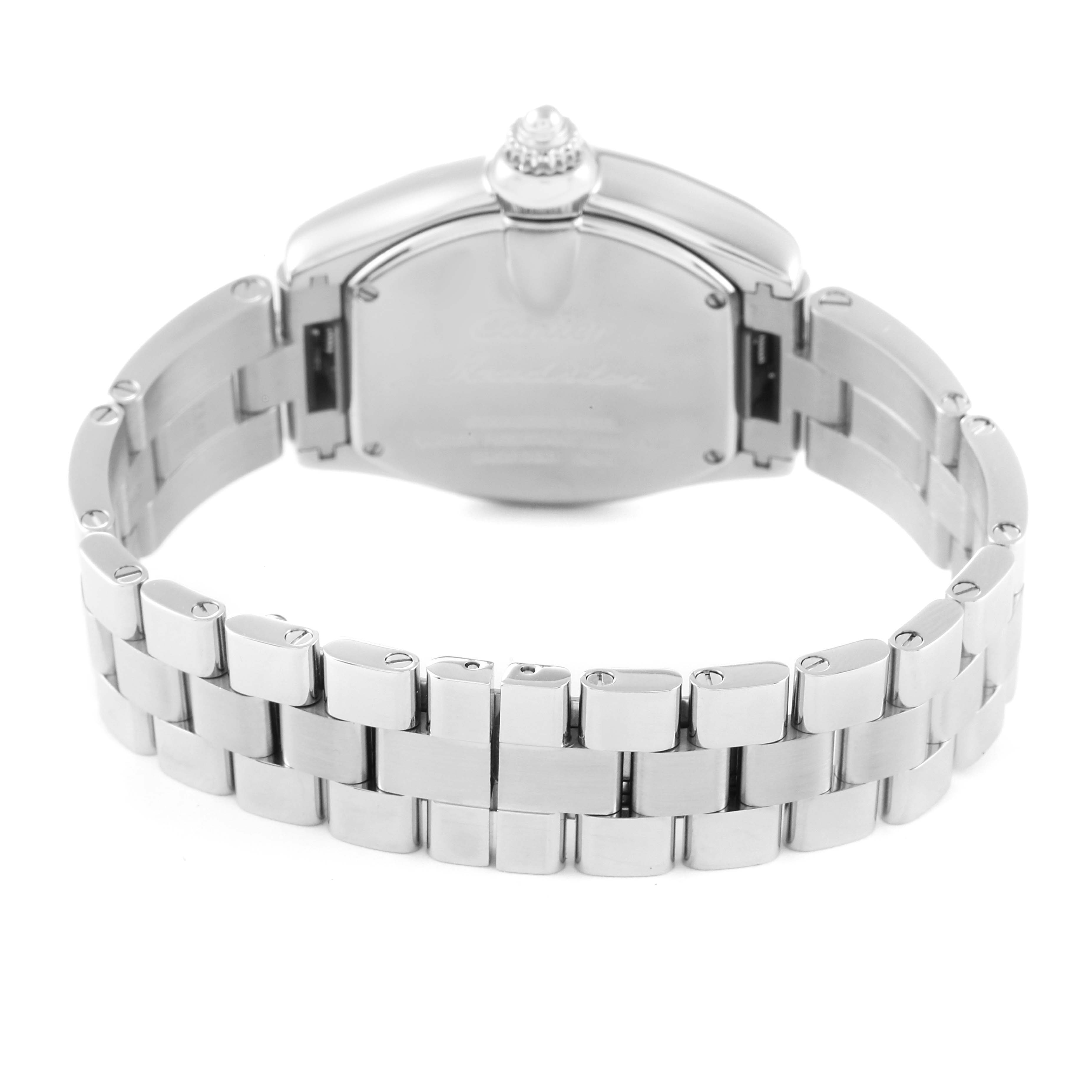 The image shows the backside and bracelet of a Cartier Roadster W62017V3 Women's Stainless Steel Pink Dial W62017V3 Women's Stainless Steel Pink Dial watch.