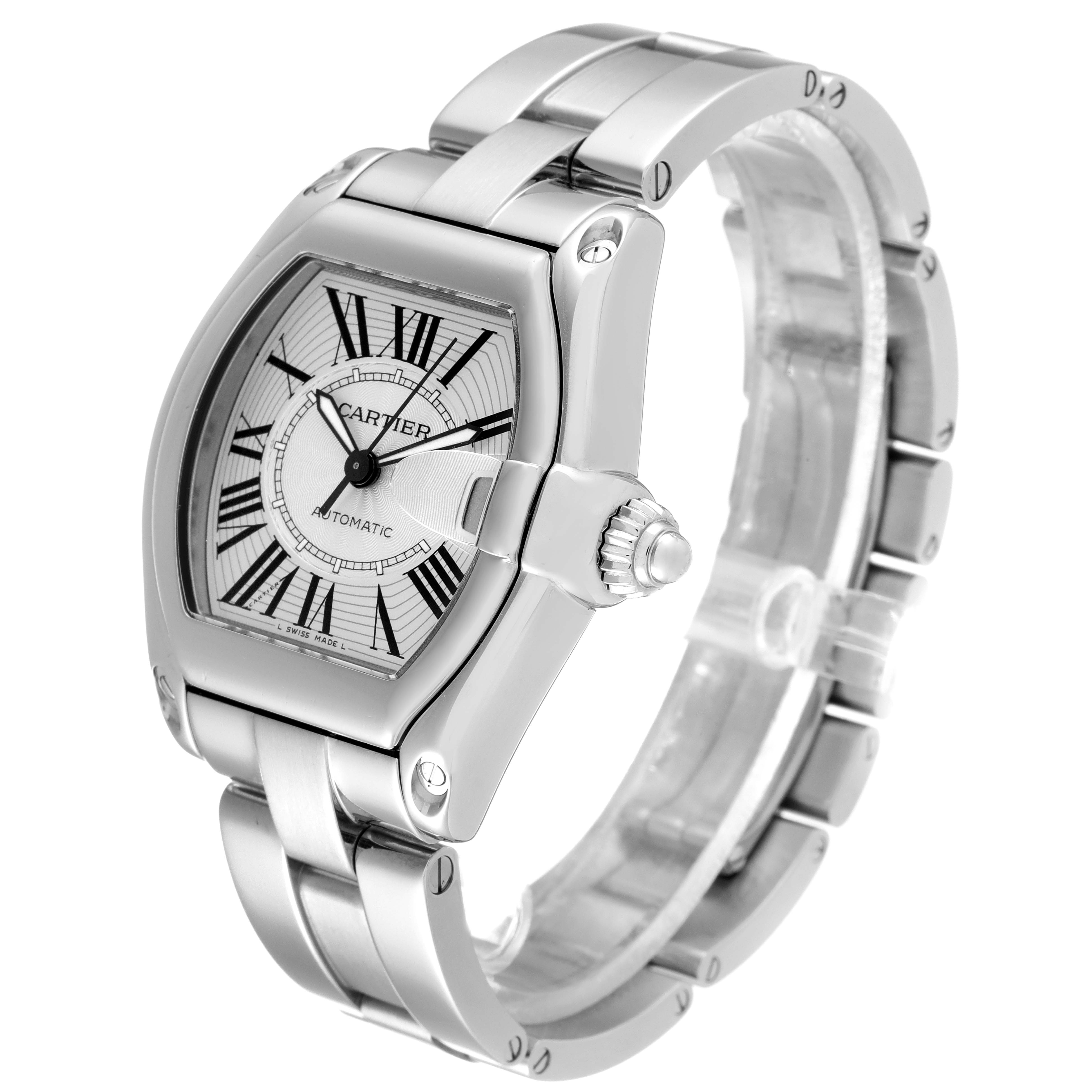 This image shows a Cartier Roadster W62025V3 Men's Stainless Steel Silver Dial W62025V3 Men's Stainless Steel Silver Dial watch at a three-quarter angle, highlighting its face, bezel, crown, and bracelet.