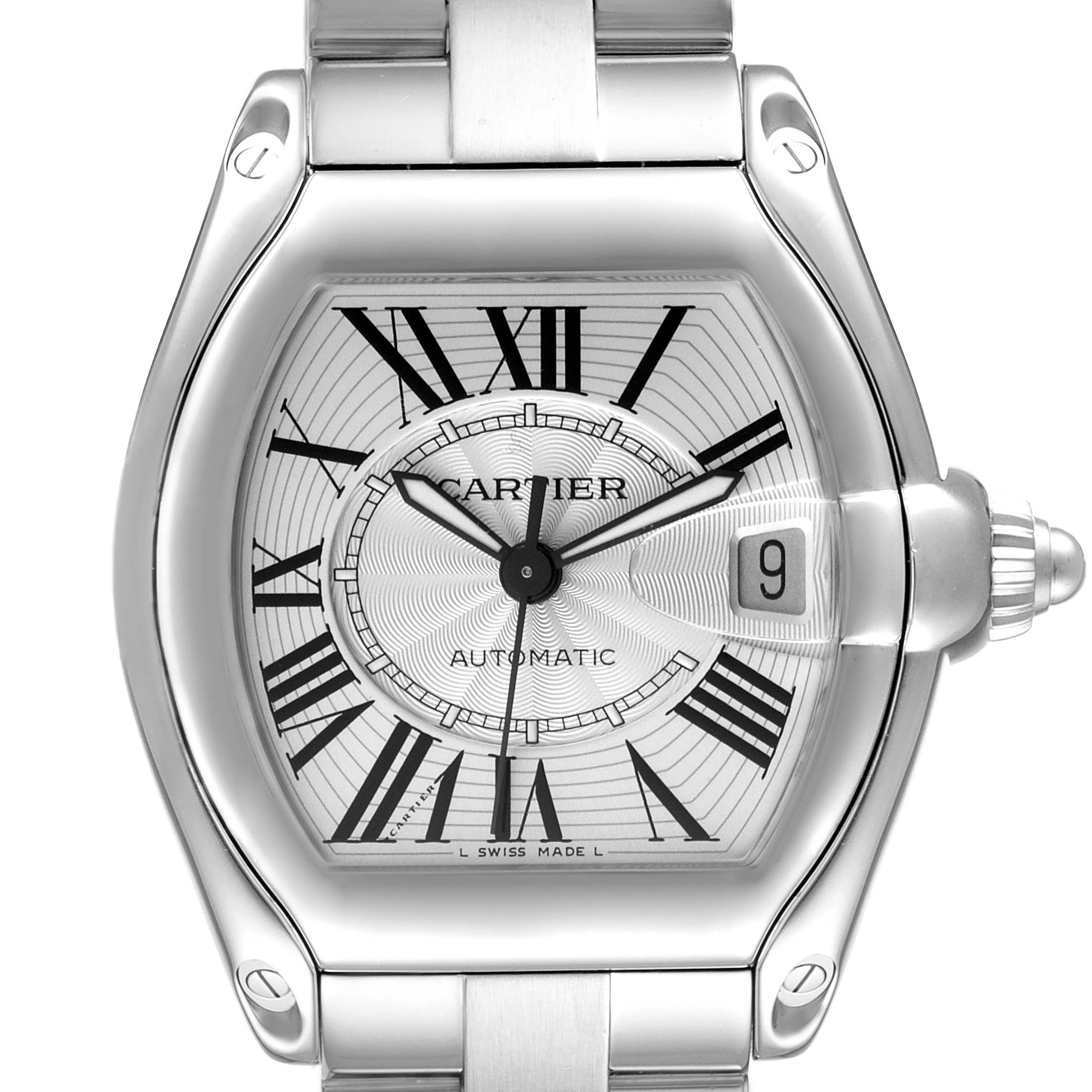 The image shows a close-up of the face and bezel of the Cartier Roadster W62025V3 Men's Stainless Steel Silver Dial W62025V3 Men's Stainless Steel Silver Dial watch, highlighting the dial, crown, and part of the bracelet.