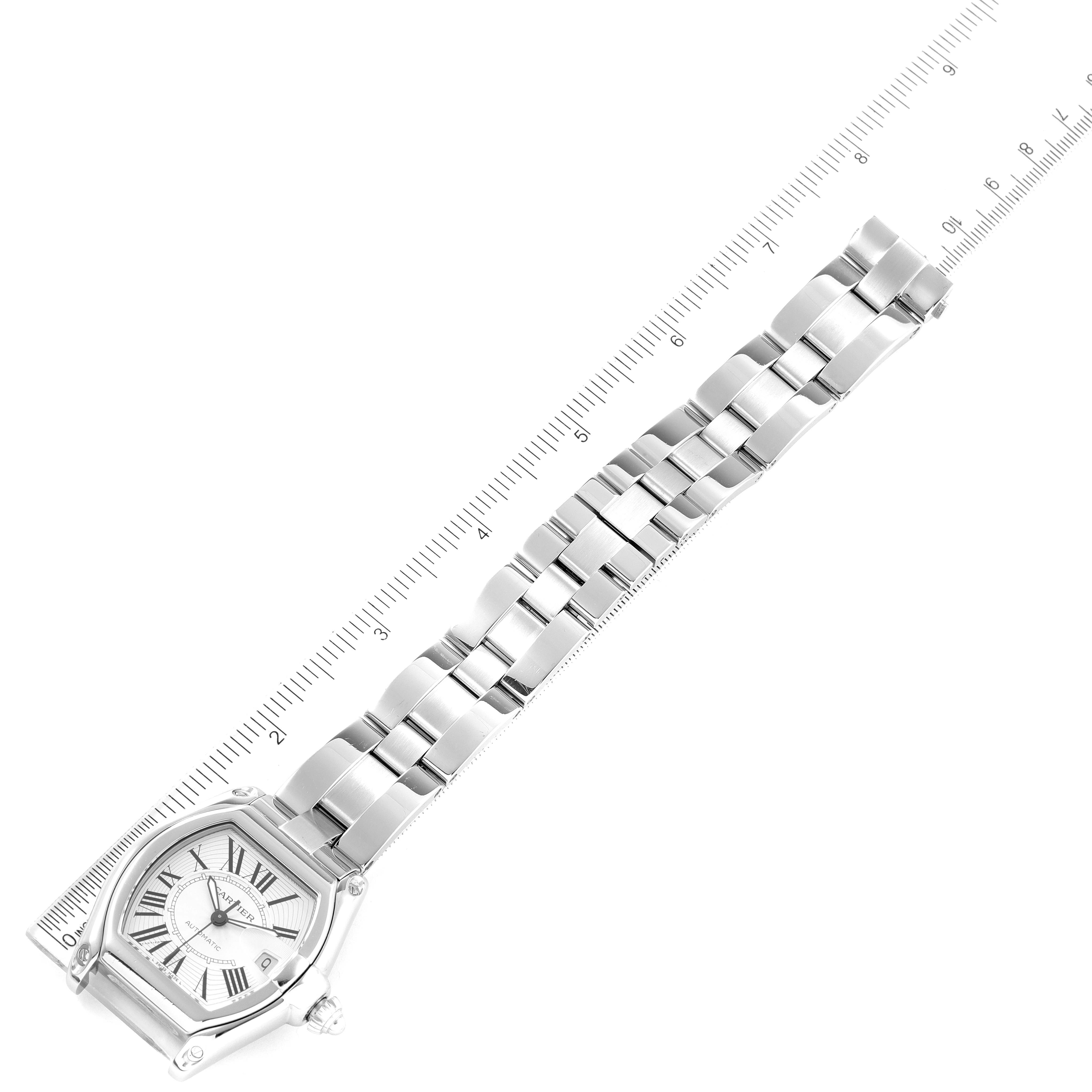 The image shows the dial and metal bracelet of a Cartier Roadster W62025V3 Men's Stainless Steel Silver Dial W62025V3 Men's Stainless Steel Silver Dial watch, measured against a ruler for reference.