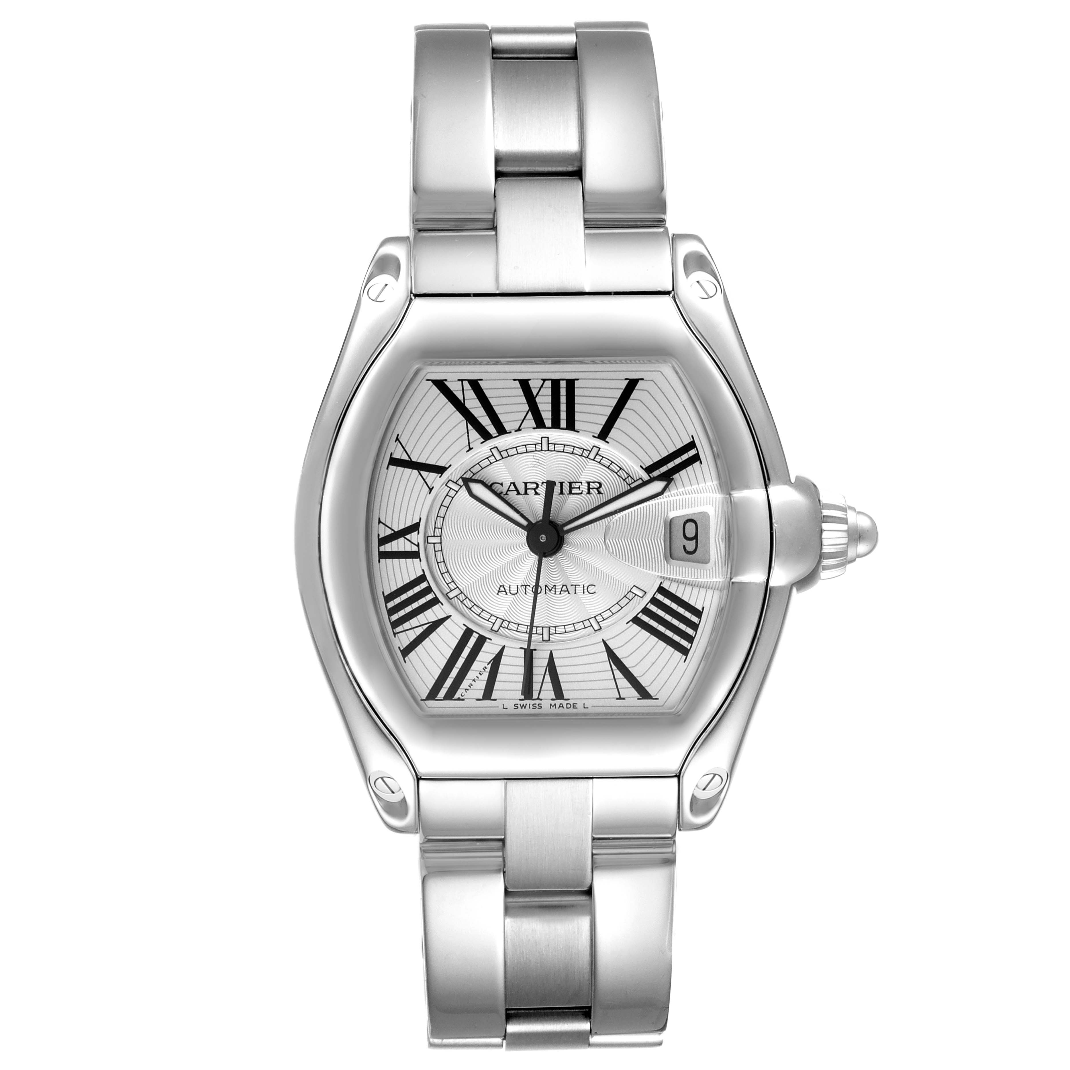 The image shows a front view of a Cartier Roadster W62025V3 Men's Stainless Steel Silver Dial W62025V3 Men's Stainless Steel Silver Dial model watch, displaying the face, bracelet, and crown.