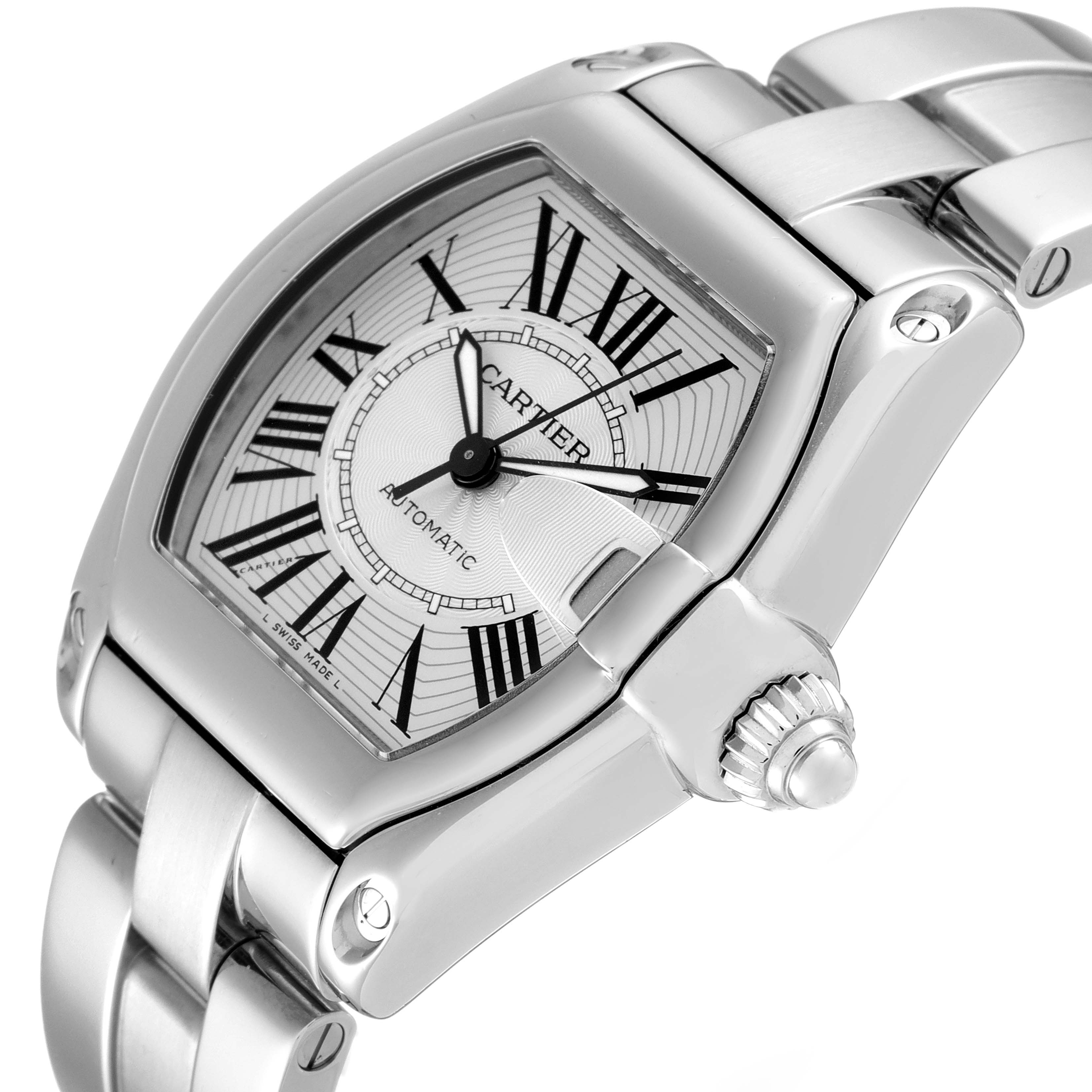 This image shows a close-up of a Cartier Roadster W62025V3 Men's Stainless Steel Silver Dial W62025V3 Men's Stainless Steel Silver Dial watch, emphasizing the dial, bezel, crown, and part of the bracelet.