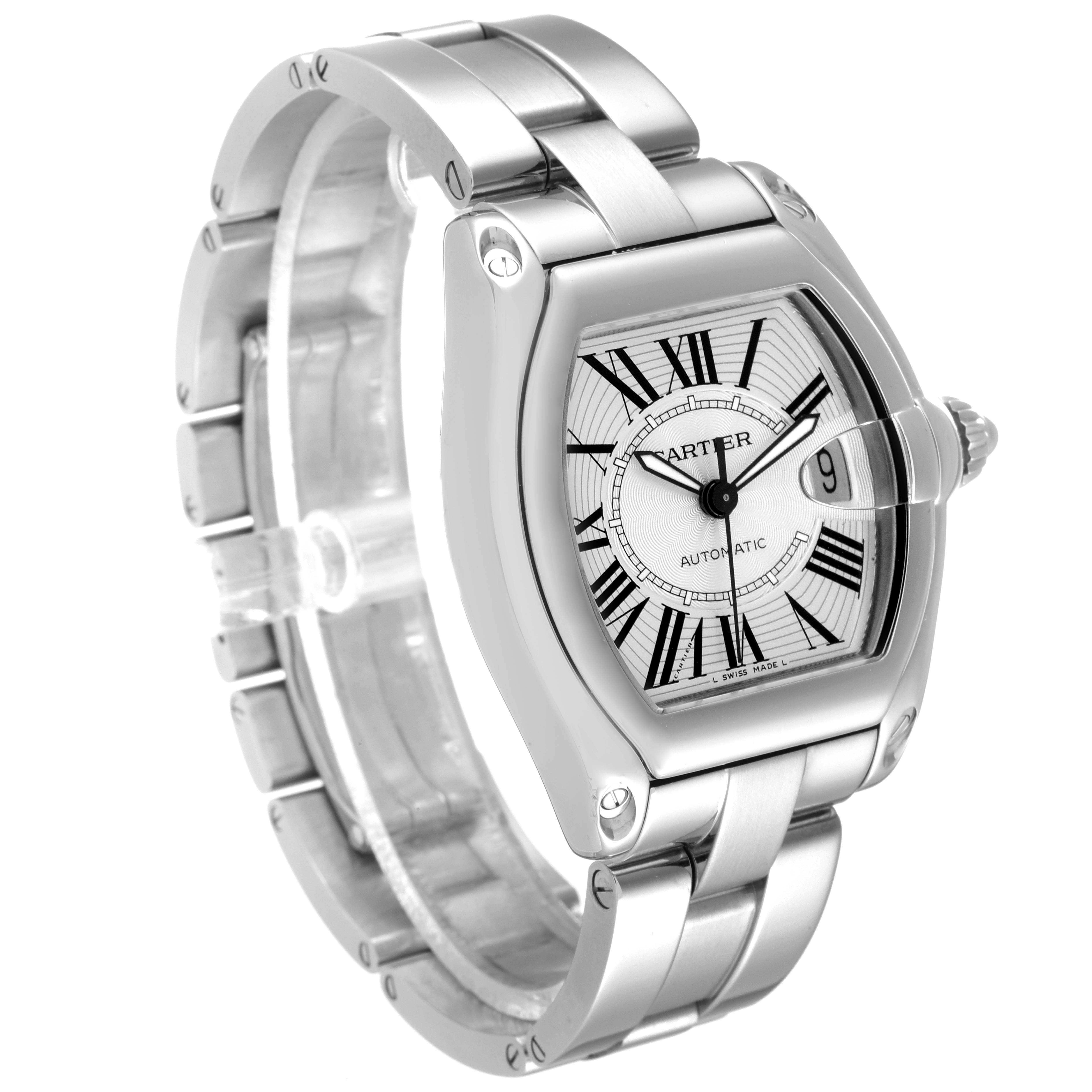 This is a Cartier Roadster W62025V3 Men's Stainless Steel Silver Dial W62025V3 Men's Stainless Steel Silver Dial watch shown at a three-quarter angle, highlighting its dial, bracelet, and case.