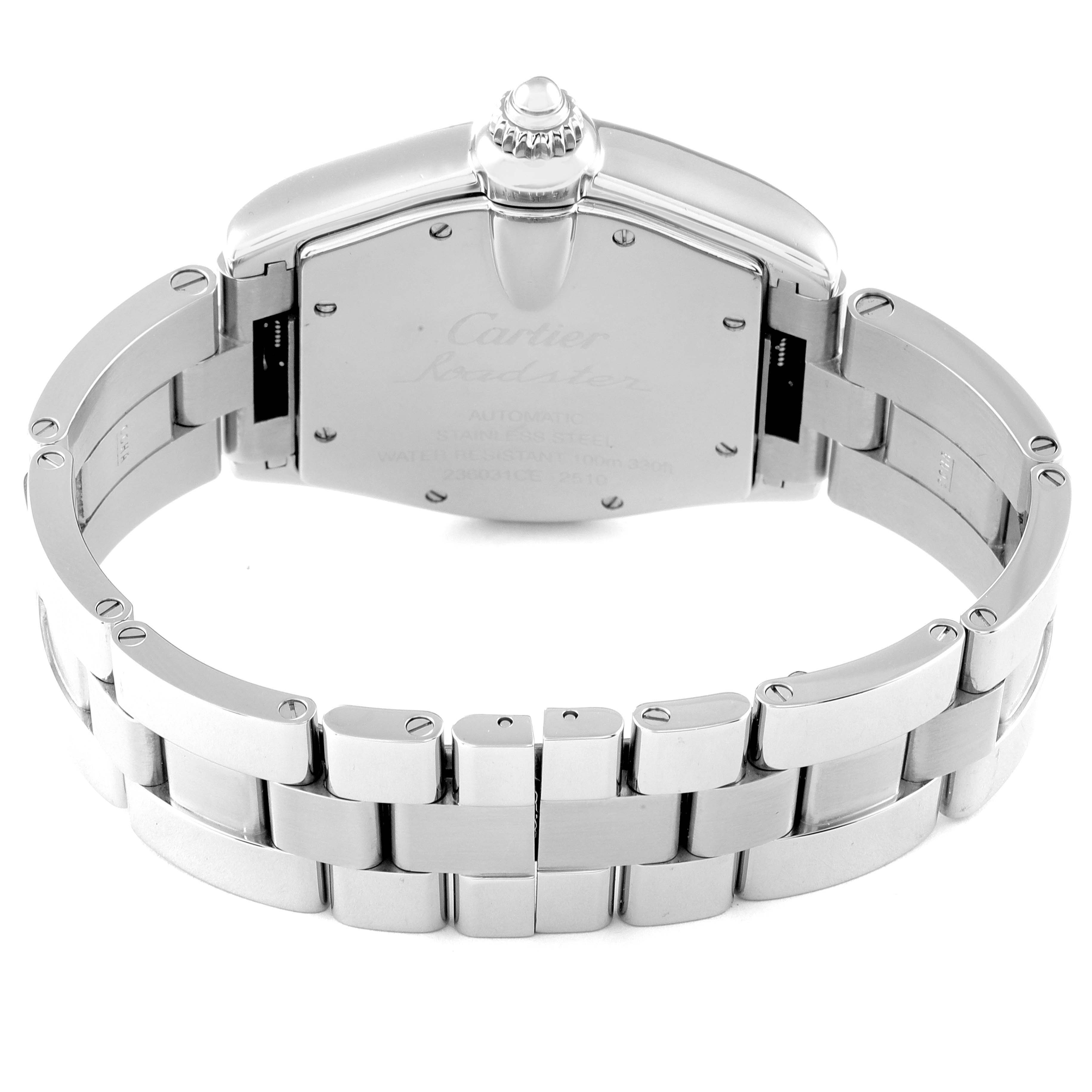 The image shows the back view of a Cartier Roadster W62025V3 Men's Stainless Steel Silver Dial W62025V3 Men's Stainless Steel Silver Dial watch, highlighting its stainless steel bracelet and case back.