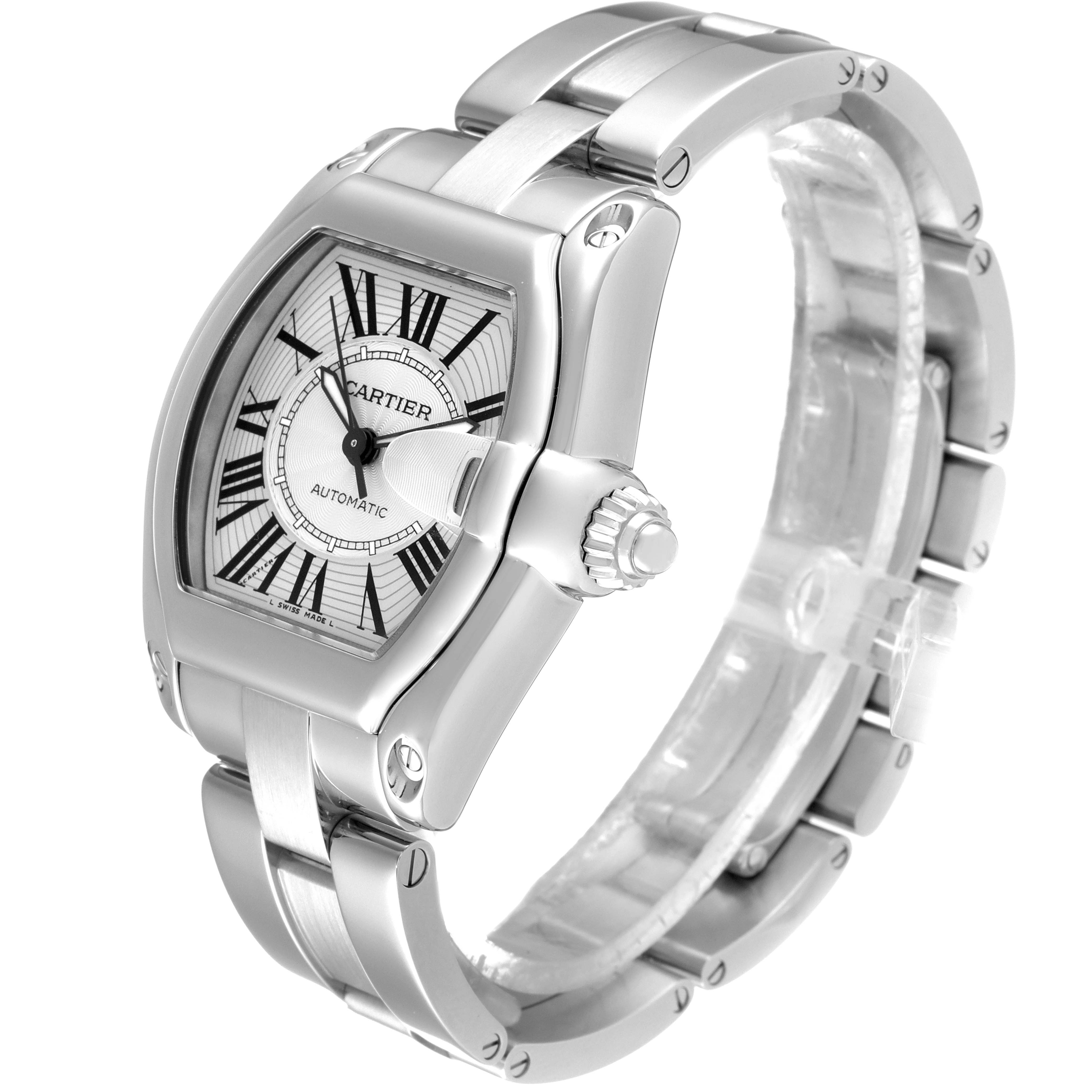 This image shows a Cartier Roadster W62025V3 Men
s Stainless Steel Silver Dial W62025V3 Men
s Stainless Steel Silver Dial watch at a three-quarter angle, highlighting the face, bezel, crown, and bracelet.