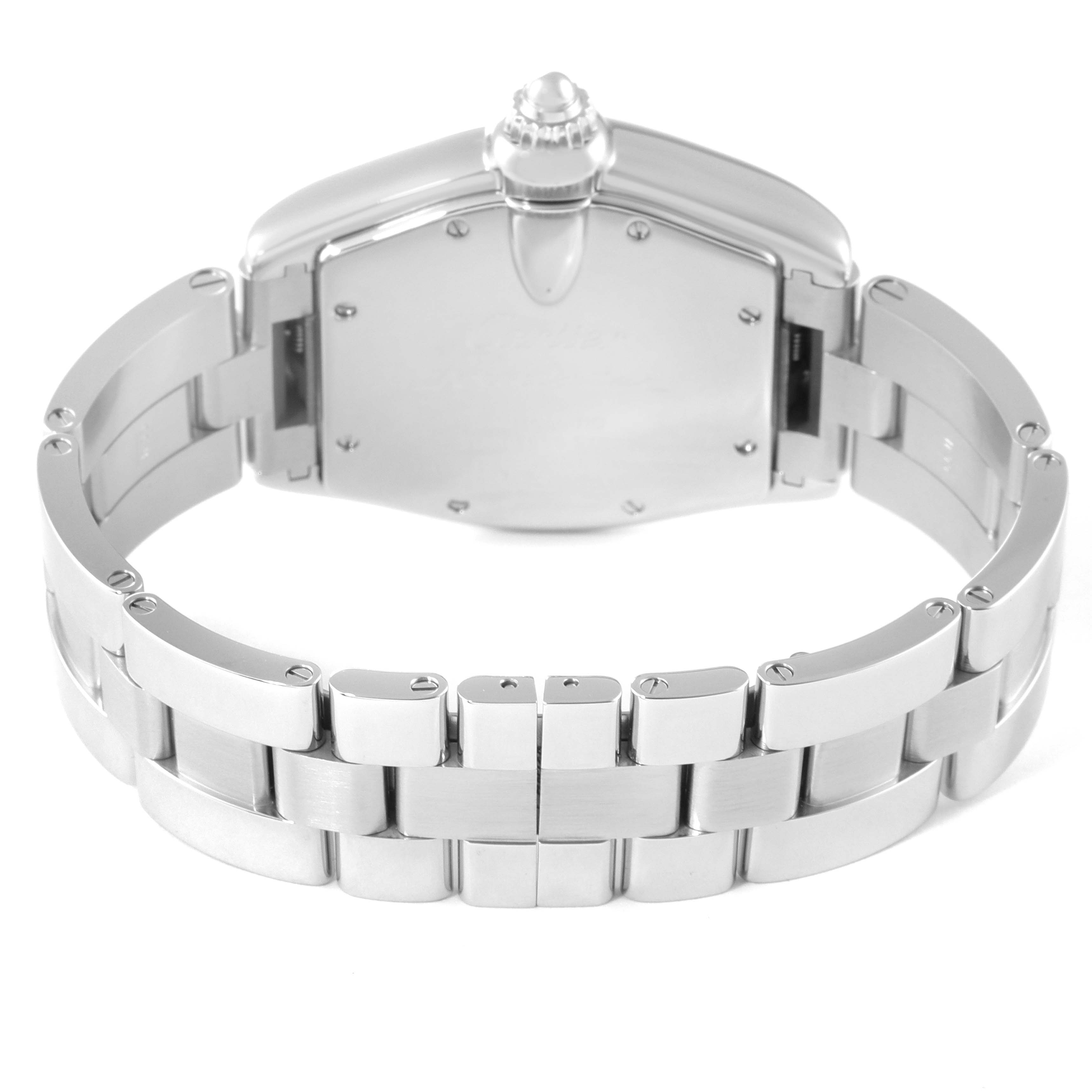 The image shows the back angle of a Cartier Roadster W62025V3 Men
s Stainless Steel Silver Dial W62025V3 Men
s Stainless Steel Silver Dial watch, highlighting the bracelet and the case back.