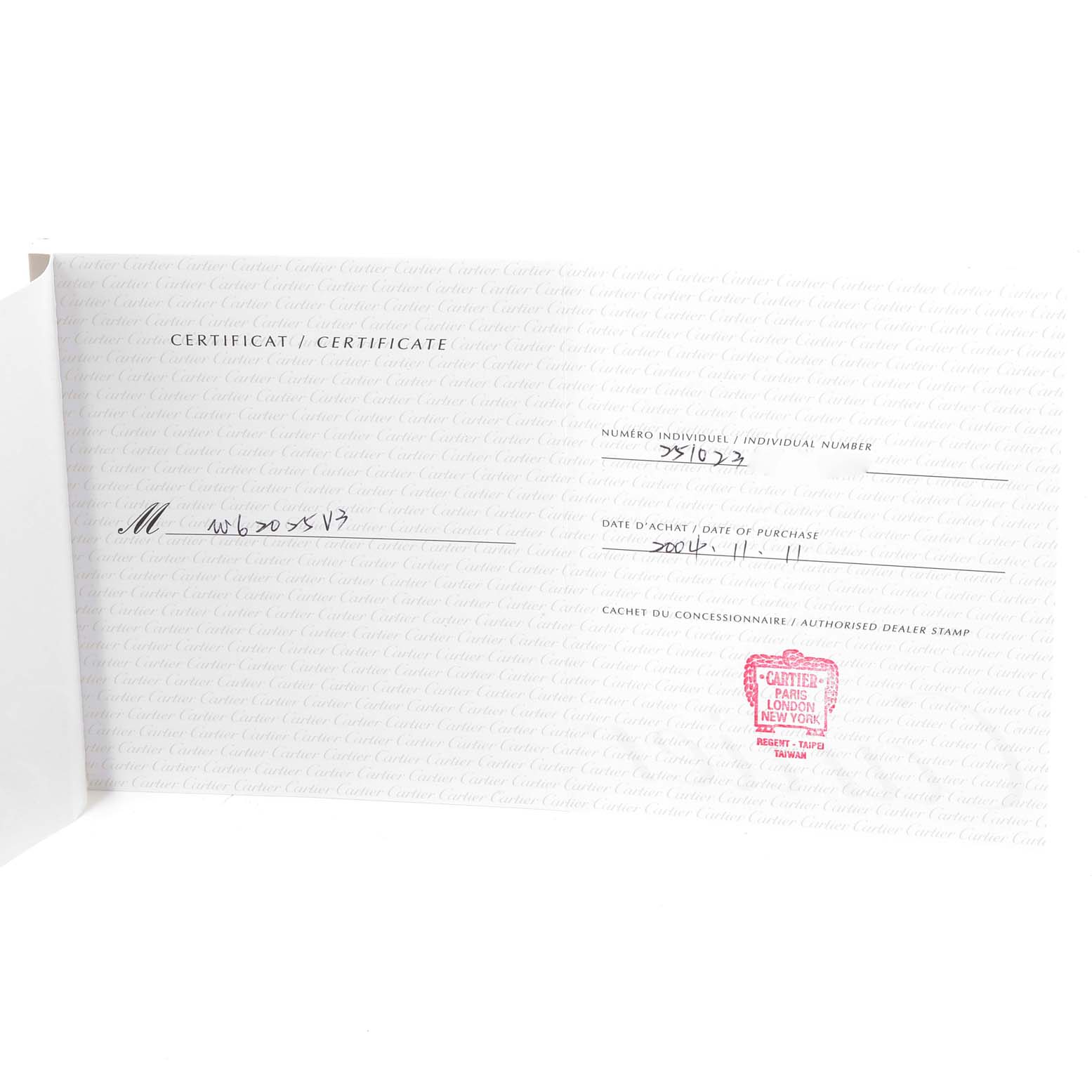 This is a close-up image of the certificate for a Cartier Roadster W62025V3 Men
s Stainless Steel Silver Dial W62025V3 Men
s Stainless Steel Silver Dial watch, showing individual number, purchase date, and dealer stamp.