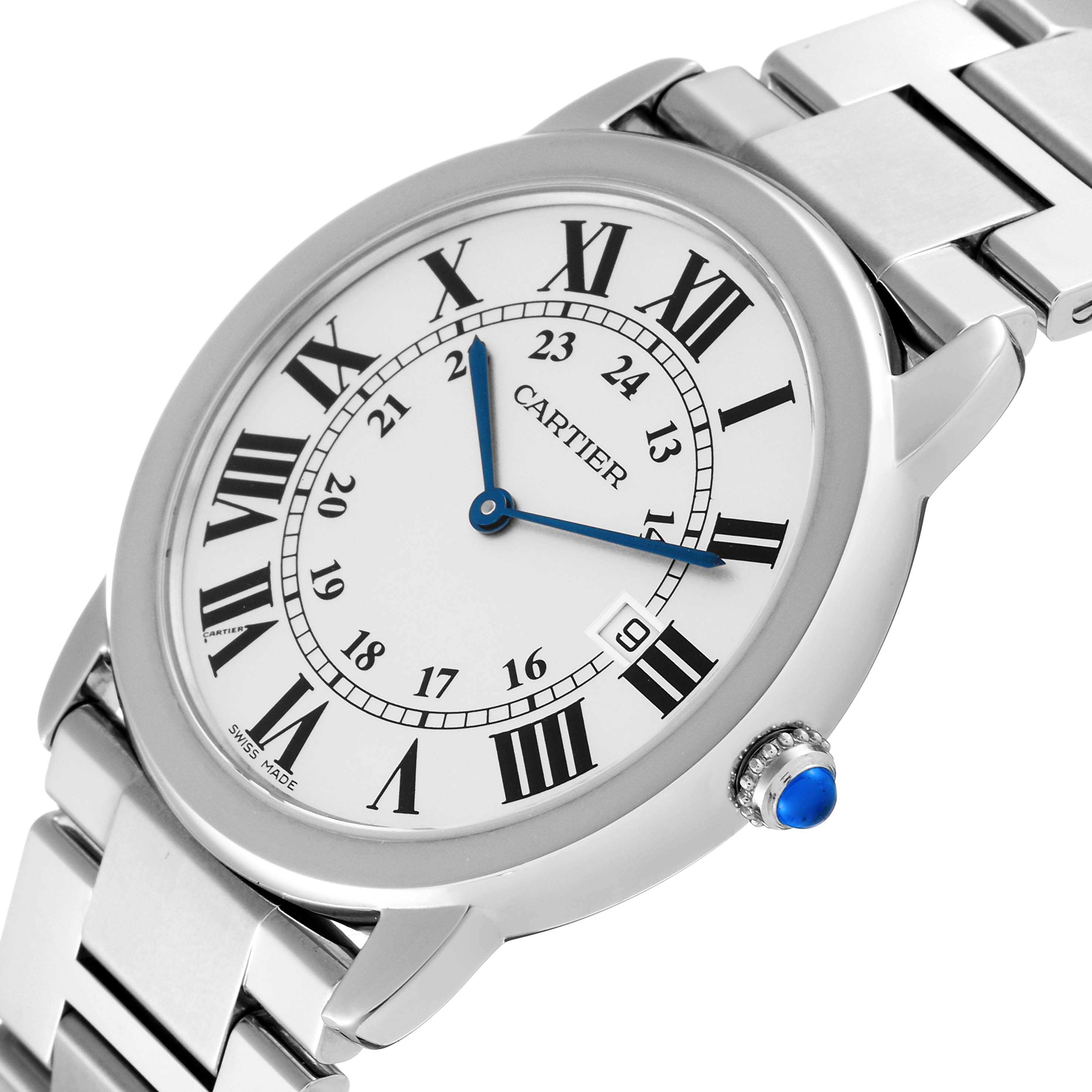 The image shows a Cartier Ronde W6701005 Men's Stainless Steel Silver Dial W6701005 Men's Stainless Steel Silver Dial watch at a slight angle, highlighting the face and part of the bracelet.