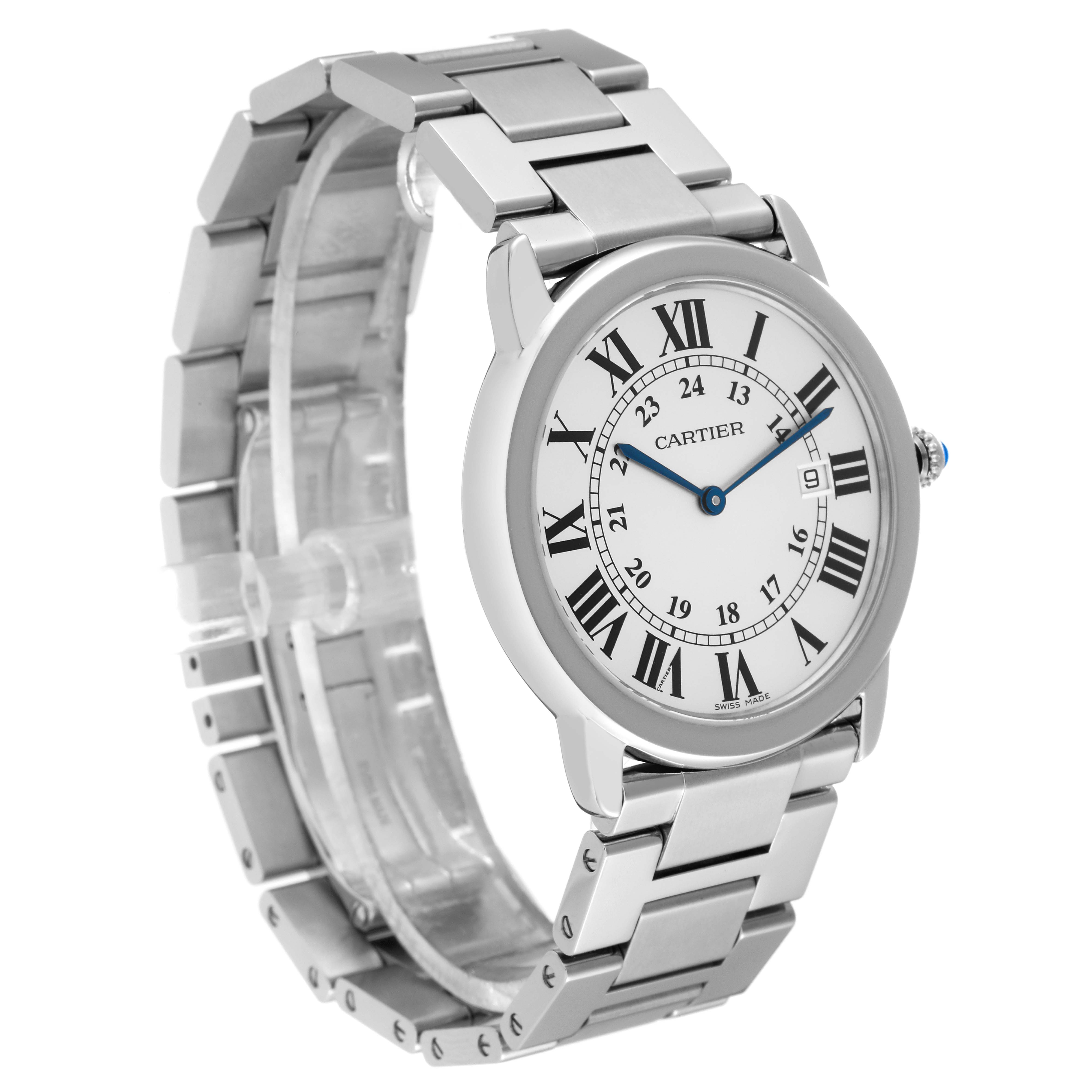 This image shows a Ronde model by Cartier at an oblique angle, highlighting its face, bezel, and metal bracelet.