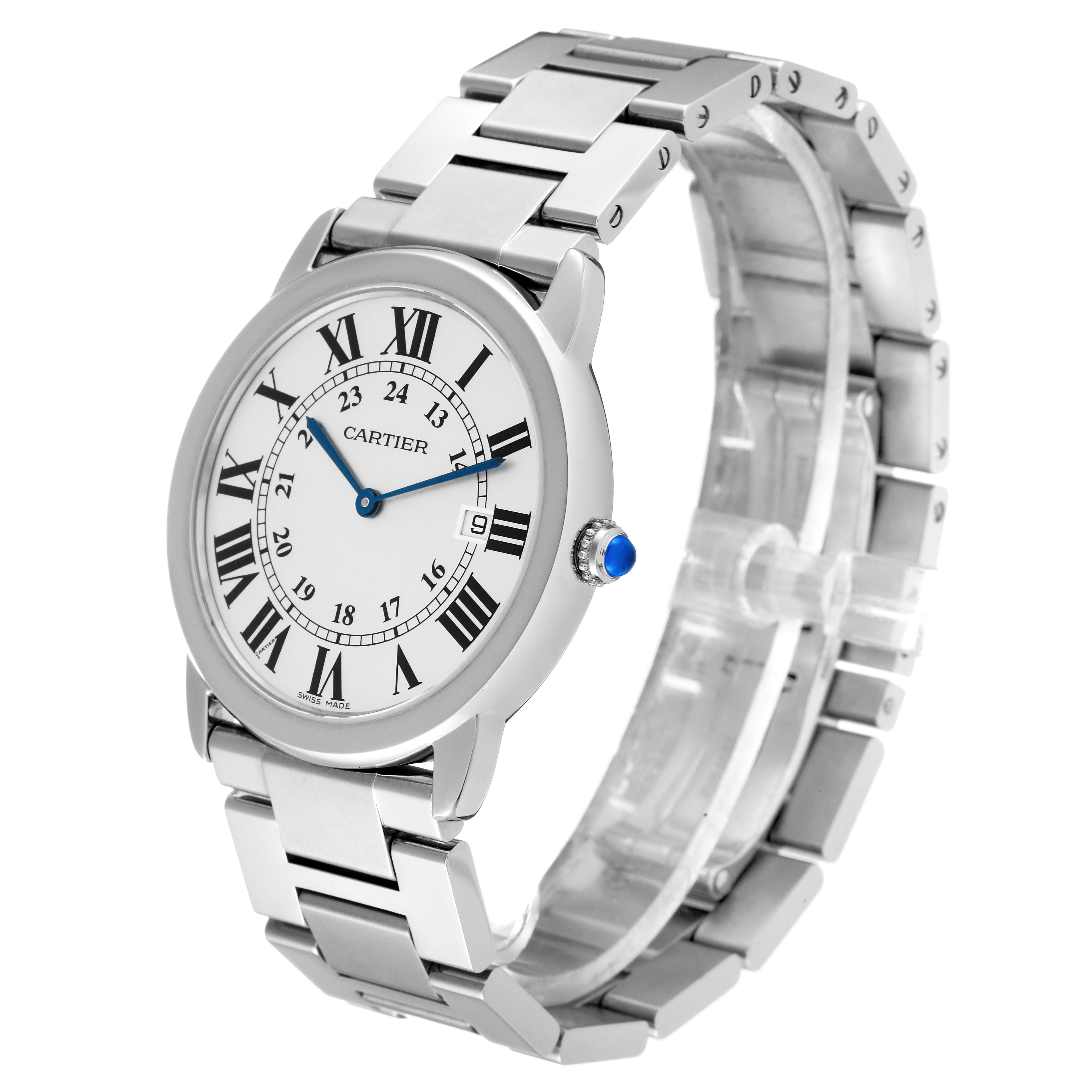 This image shows a Cartier Ronde W6701005 Men's Stainless Steel Silver Dial W6701005 Men's Stainless Steel Silver Dial watch at an angled view, highlighting the face, bezel, and bracelet.