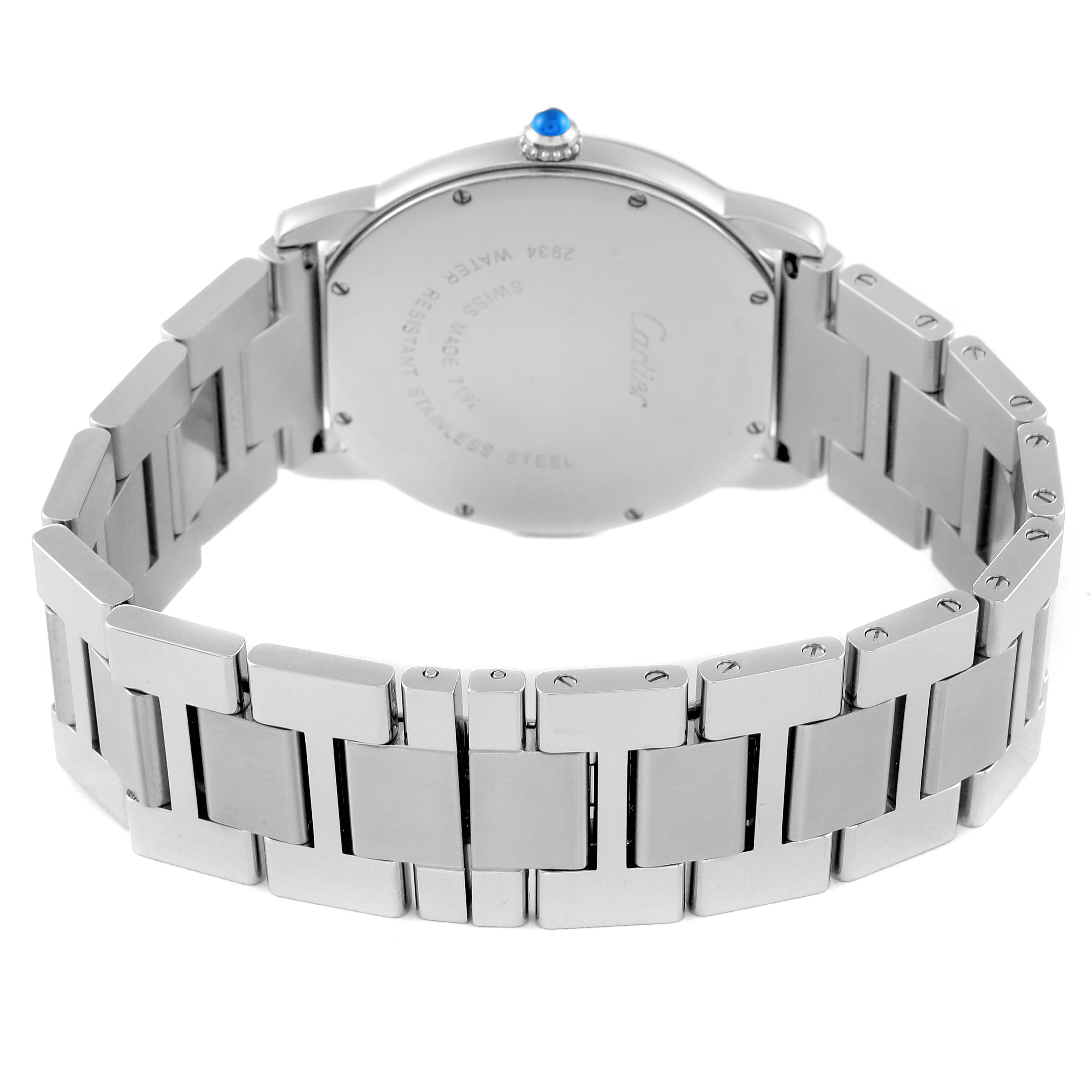 This image shows the back and bracelet of the Cartier Ronde W6701005 Men's Stainless Steel Silver Dial W6701005 Men's Stainless Steel Silver Dial watch, viewed from a rear angle.