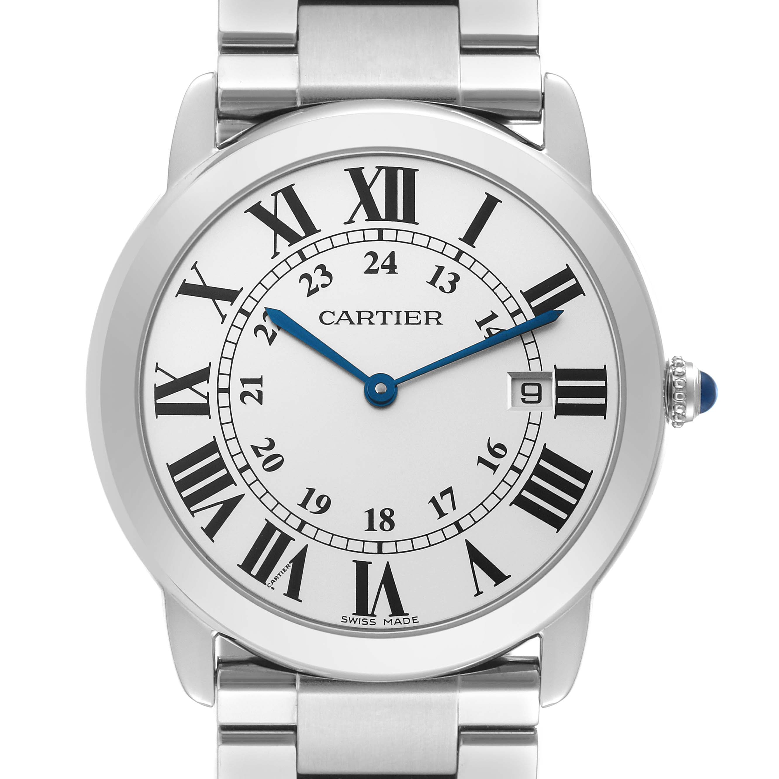 This image shows a front view of the Cartier Ronde W6701005 Men's Stainless Steel Silver Dial W6701005 Men's Stainless Steel Silver Dial watch, showcasing the face, Roman numerals, blue hands, and stainless steel bracelet.