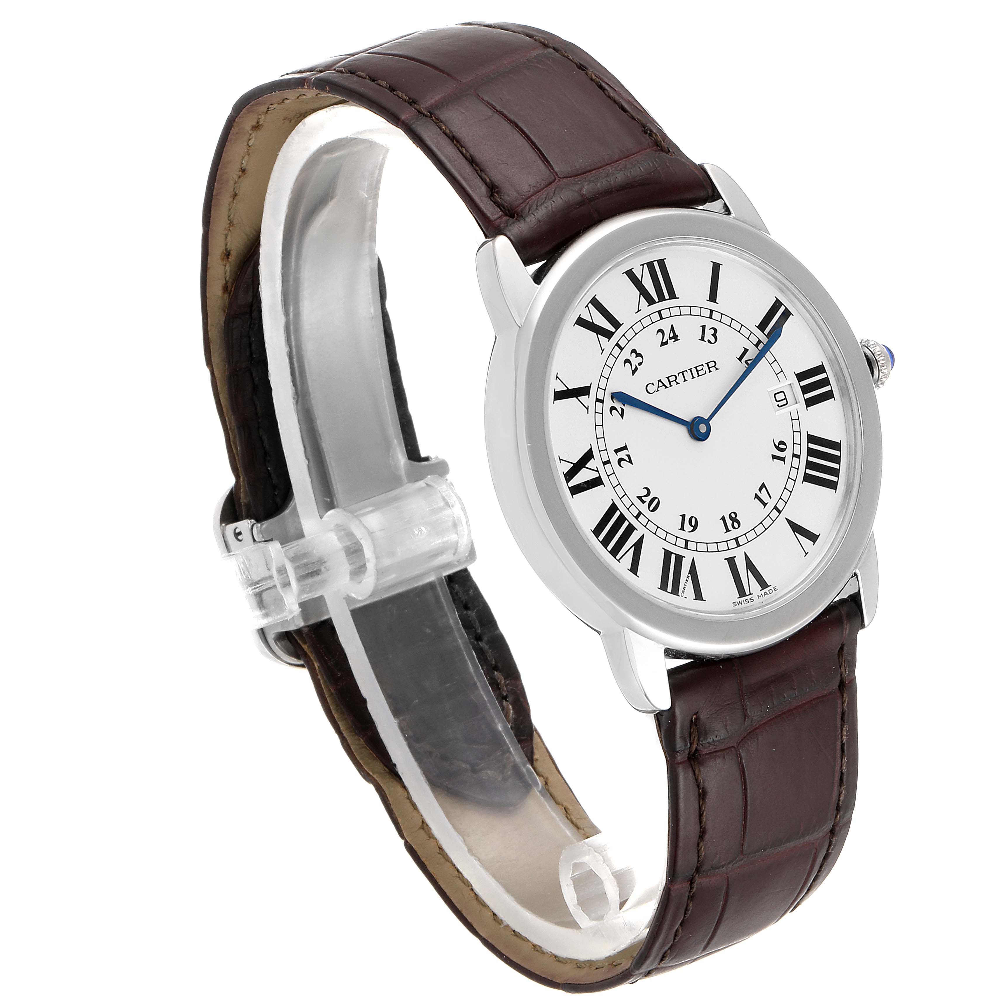 The image shows a side angle of the Cartier Ronde W6700255 Men's Stainless Steel Silver Dial W6700255 Men's Stainless Steel Silver Dial watch, featuring its round dial and brown leather strap.