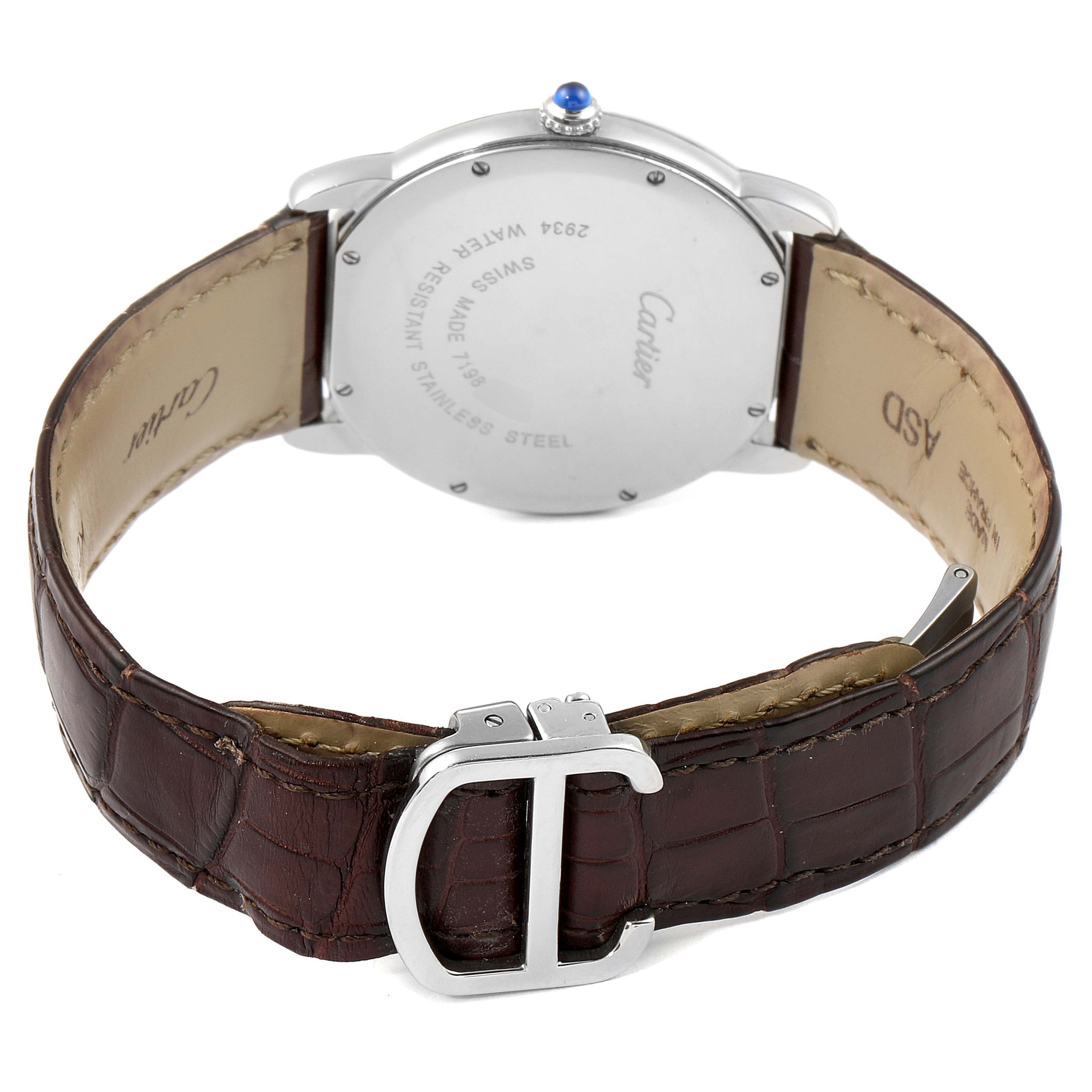 This image shows the back and clasp of the Cartier Ronde W6700255 Men's Stainless Steel Silver Dial W6700255 Men's Stainless Steel Silver Dial watch, featuring its leather strap and the stainless steel case back.