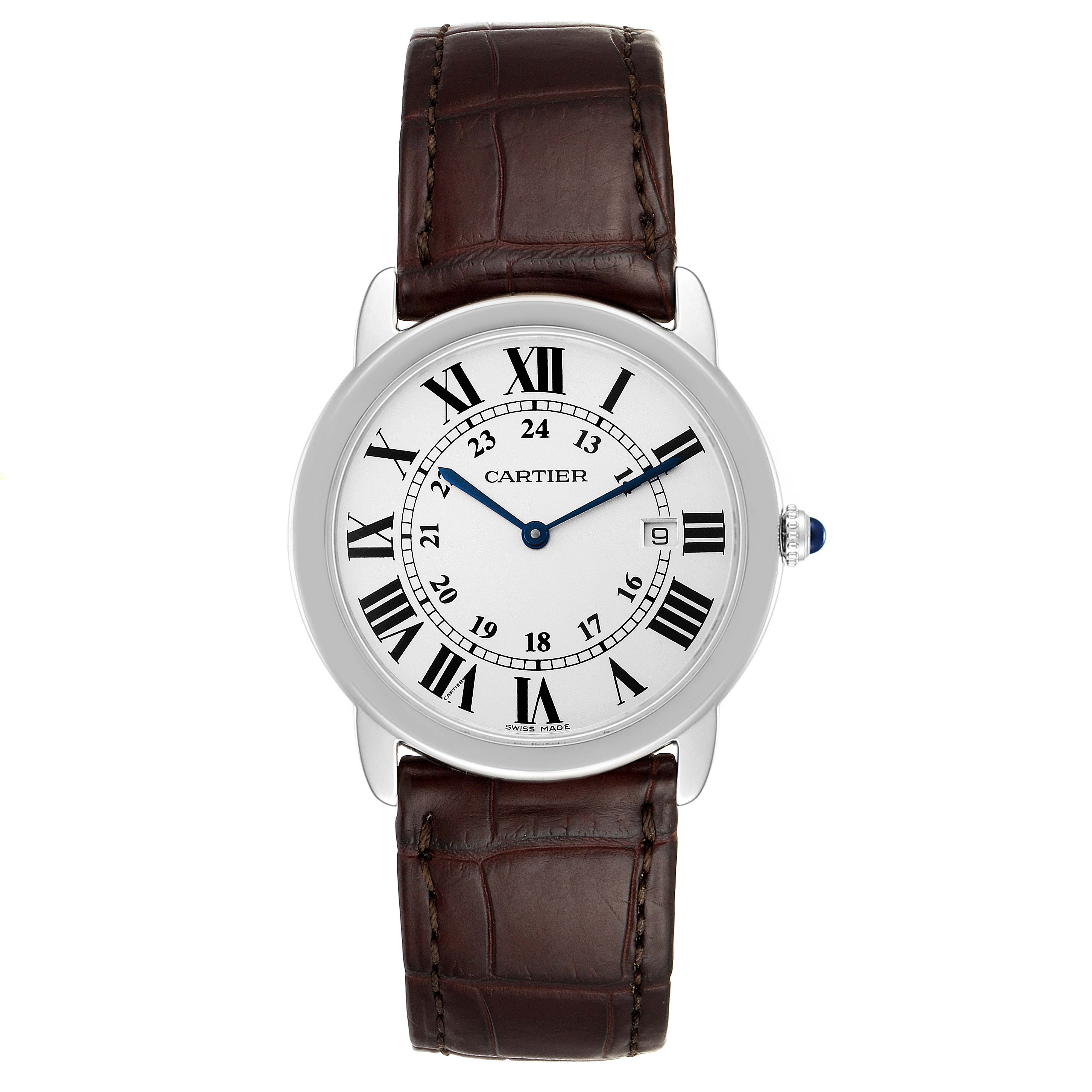 The image shows a front view of the Cartier Ronde W6700255 Men's Stainless Steel Silver Dial W6700255 Men's Stainless Steel Silver Dial watch, highlighting its dial, Roman numerals, and leather strap.