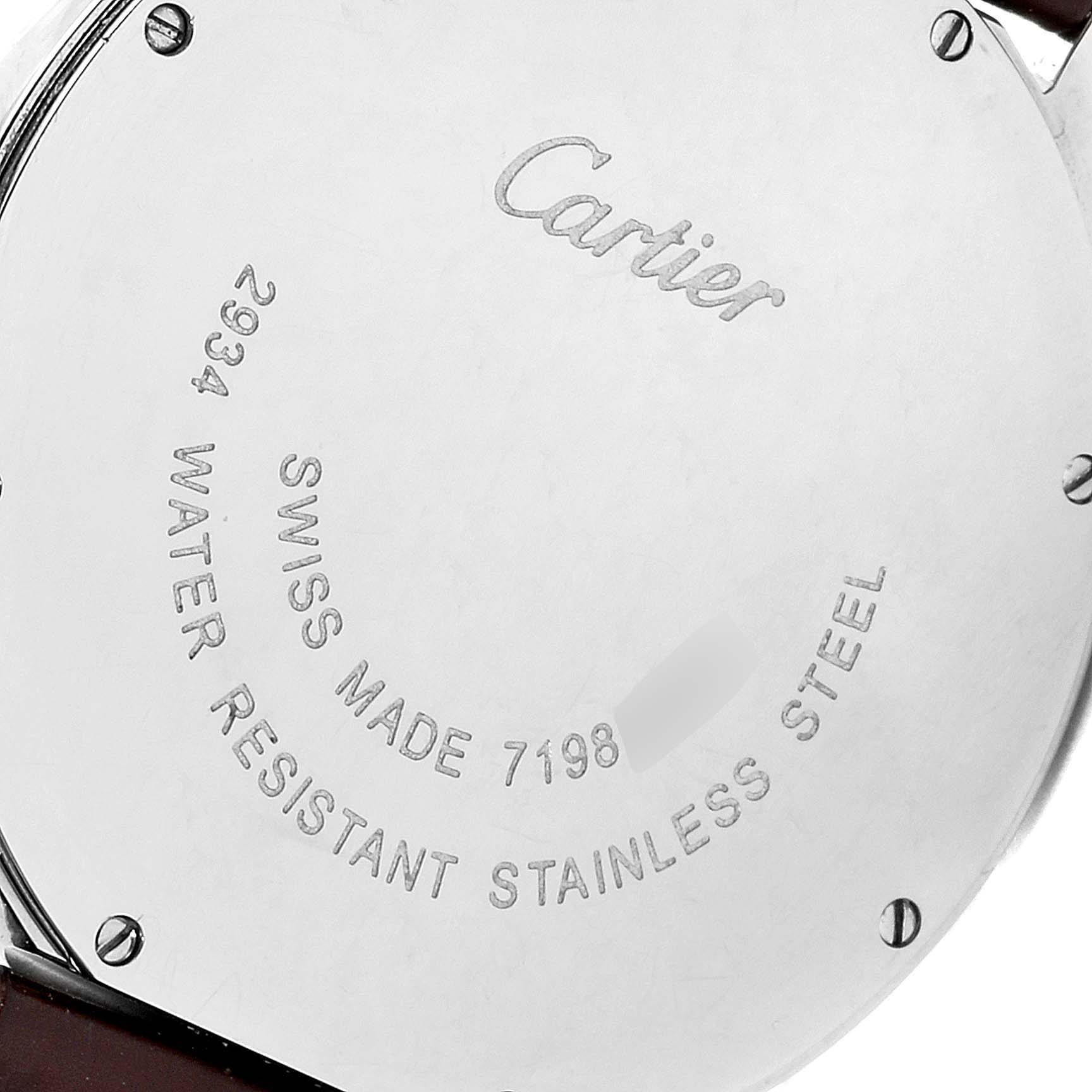 This image shows the back case of the Cartier Ronde W6700255 Men's Stainless Steel Silver Dial W6700255 Men's Stainless Steel Silver Dial model watch, highlighting its brand engraving and material specifications.