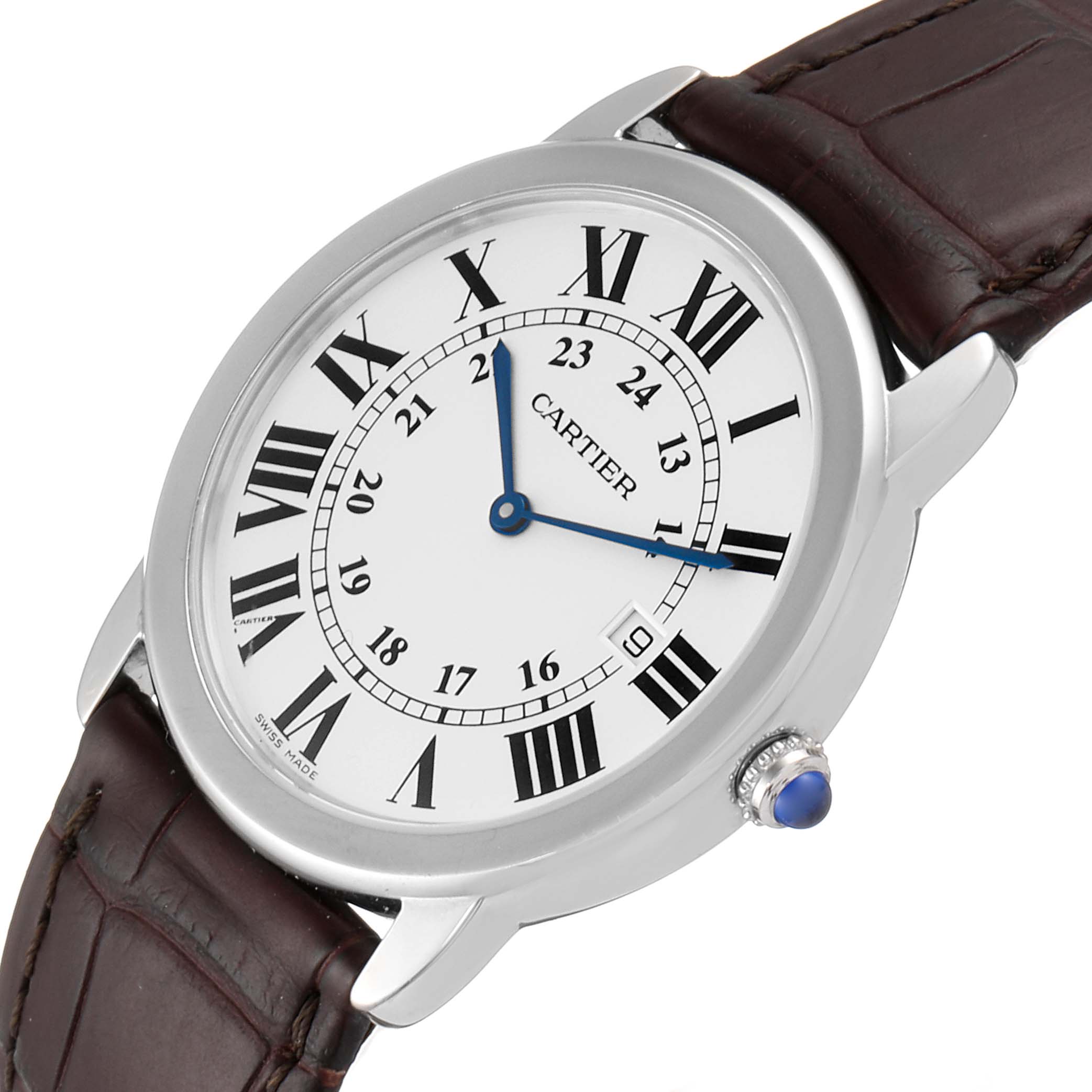 The Cartier Ronde W6700255 Men's Stainless Steel Silver Dial W6700255 Men's Stainless Steel Silver Dial model watch is shown from an angled top view, highlighting the face, Roman numerals, and the brown leather strap.