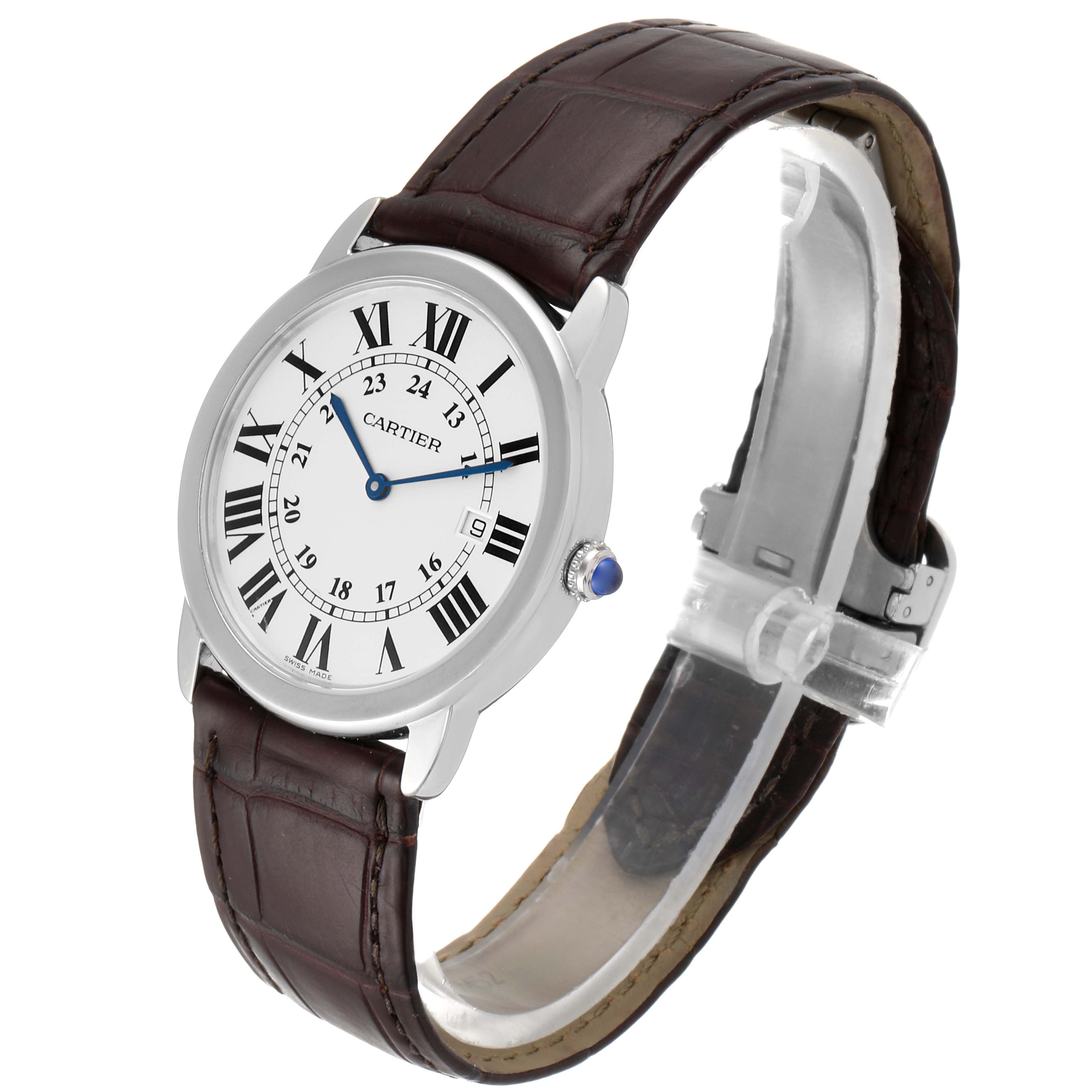 The Cartier Ronde W6700255 Men's Stainless Steel Silver Dial W6700255 Men's Stainless Steel Silver Dial watch is shown from a three-quarter angle, displaying the face, leather strap, and side crown.