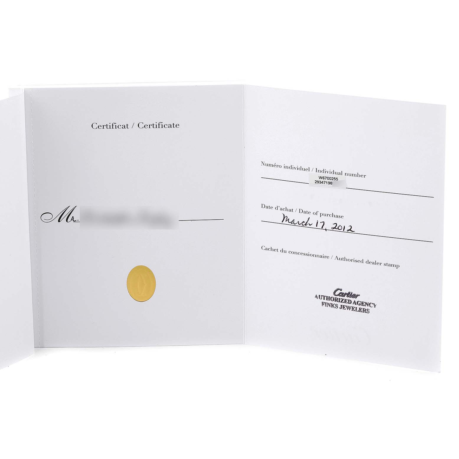 The image shows an open warranty certificate booklet for the Ronde model by Cartier, displaying purchase details and dealer information.