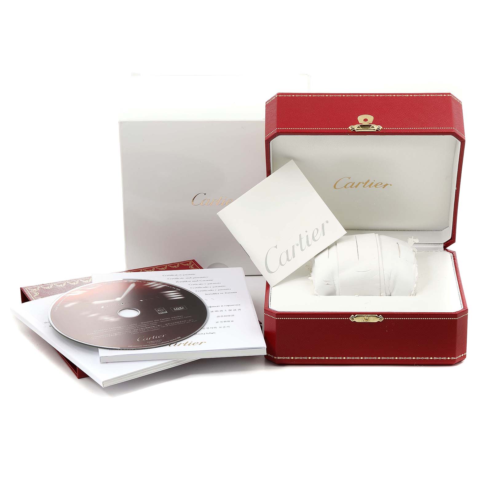 The image shows the packaging and accessories for a Cartier Ronde W6700255 Men's Stainless Steel Silver Dial W6700255 Men's Stainless Steel Silver Dial watch, including a box, pillow, booklet, and CD.