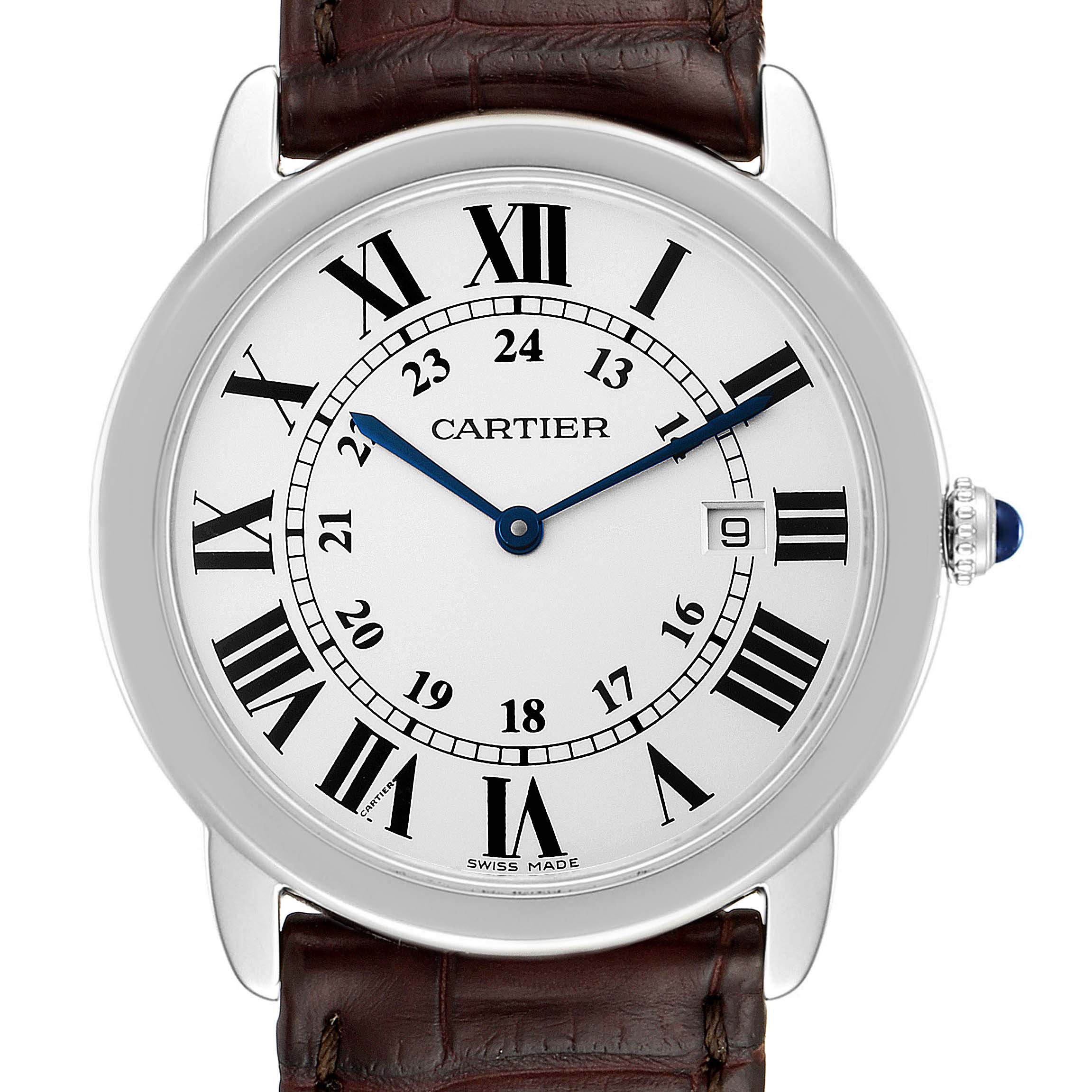This is a front view of the Cartier Ronde W6700255 Men's Stainless Steel Silver Dial W6700255 Men's Stainless Steel Silver Dial model watch, showing the dial, Roman numerals, date window, and a leather strap.