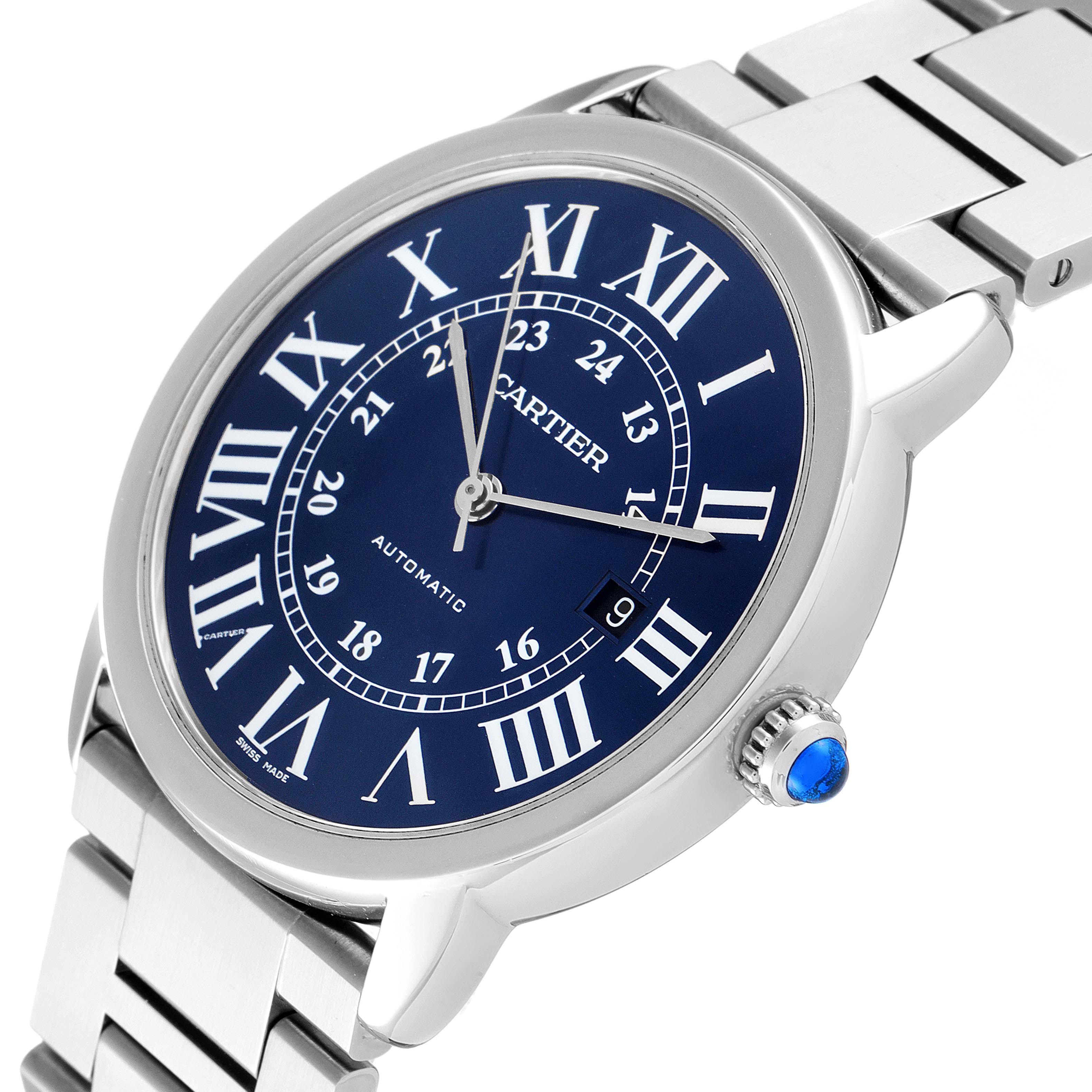 The image shows a side view of a Cartier Ronde WSRN0023 Men's Stainless Steel Blue Dial WSRN0023 Men's Stainless Steel Blue Dial watch, highlighting its blue dial, Roman numerals, and metal bracelet.