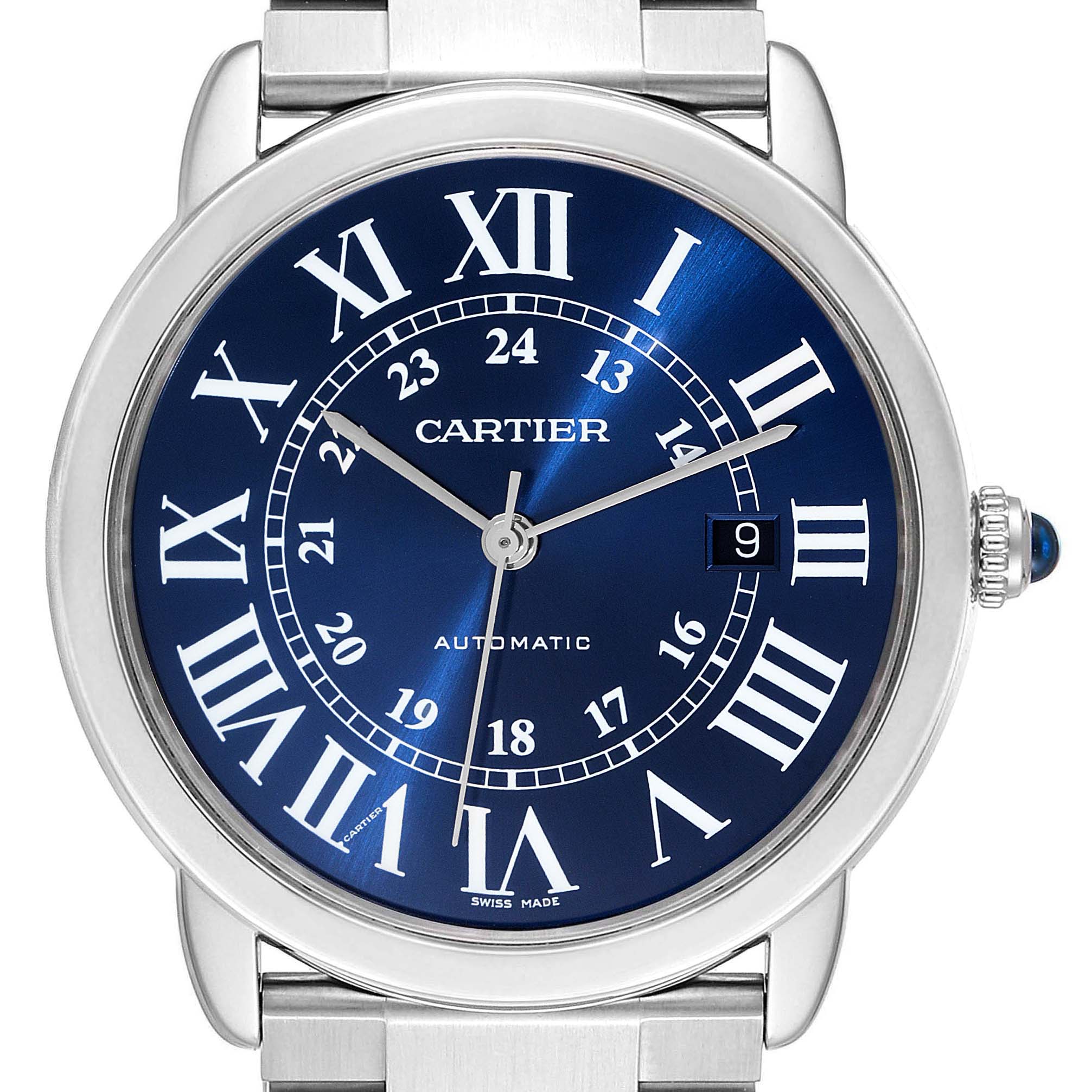 The image shows a close-up of the Cartier Ronde WSRN0023 Men's Stainless Steel Blue Dial WSRN0023 Men's Stainless Steel Blue Dial watch, featuring its blue dial, Roman numerals, date window, and part of the silver bracelet.