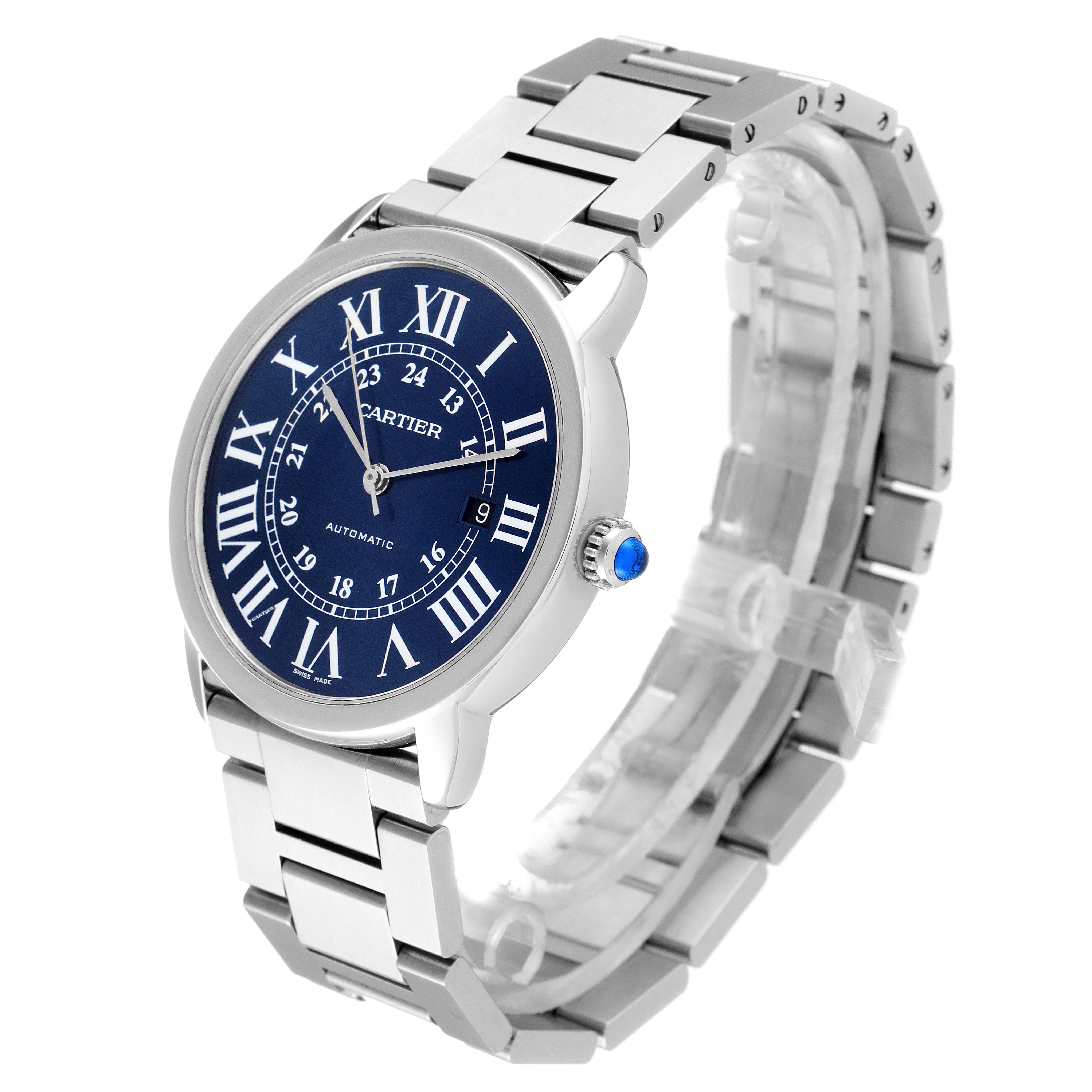 This Cartier Ronde WSRN0023 Men's Stainless Steel Blue Dial WSRN0023 Men's Stainless Steel Blue Dial watch is shown at an angled view highlighting its blue dial, Roman numerals, and silver bracelet.