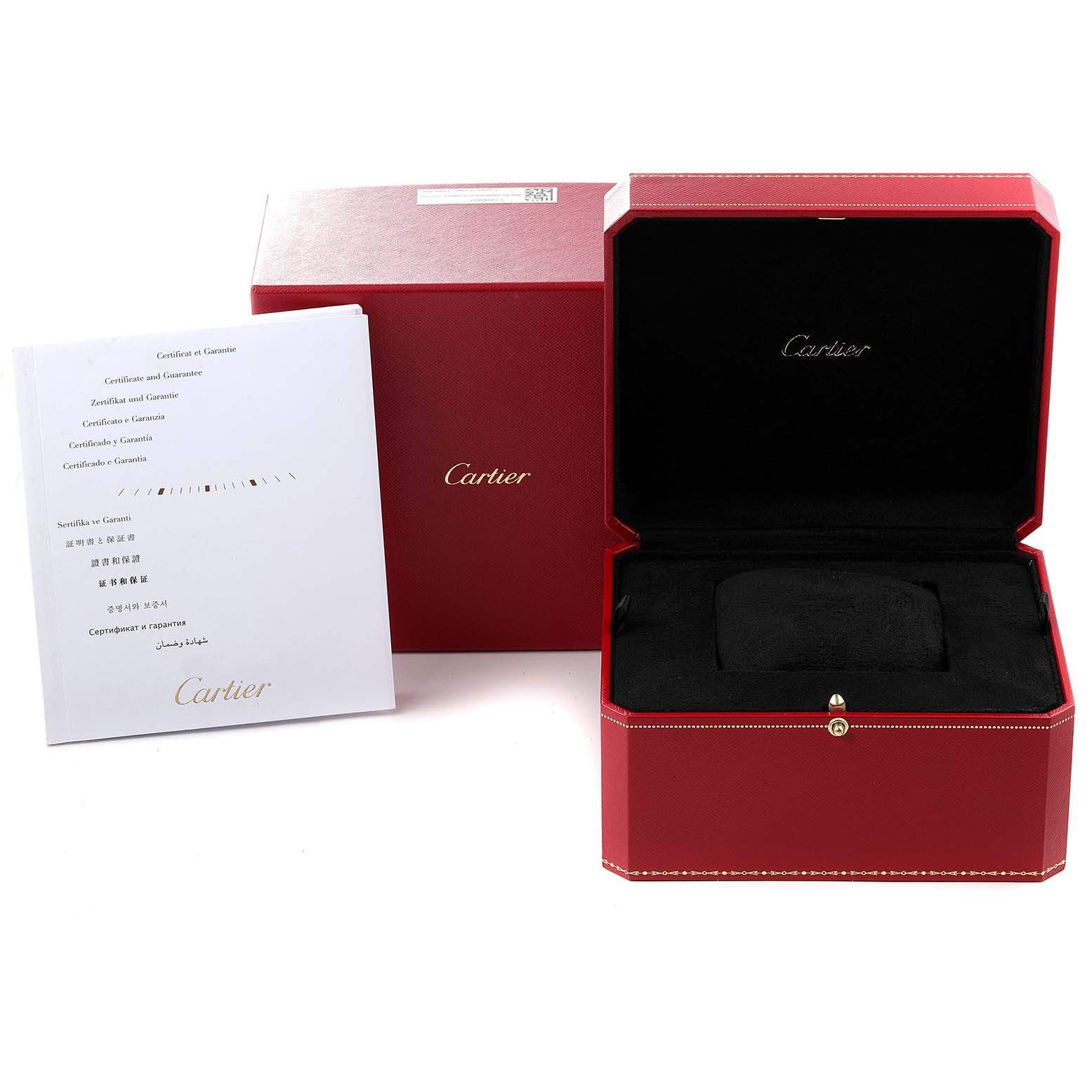 The image shows the packaging and accessories for the Cartier Ronde WSRN0023 Men's Stainless Steel Blue Dial WSRN0023 Men's Stainless Steel Blue Dial model watch, including the watch box and warranty booklet.