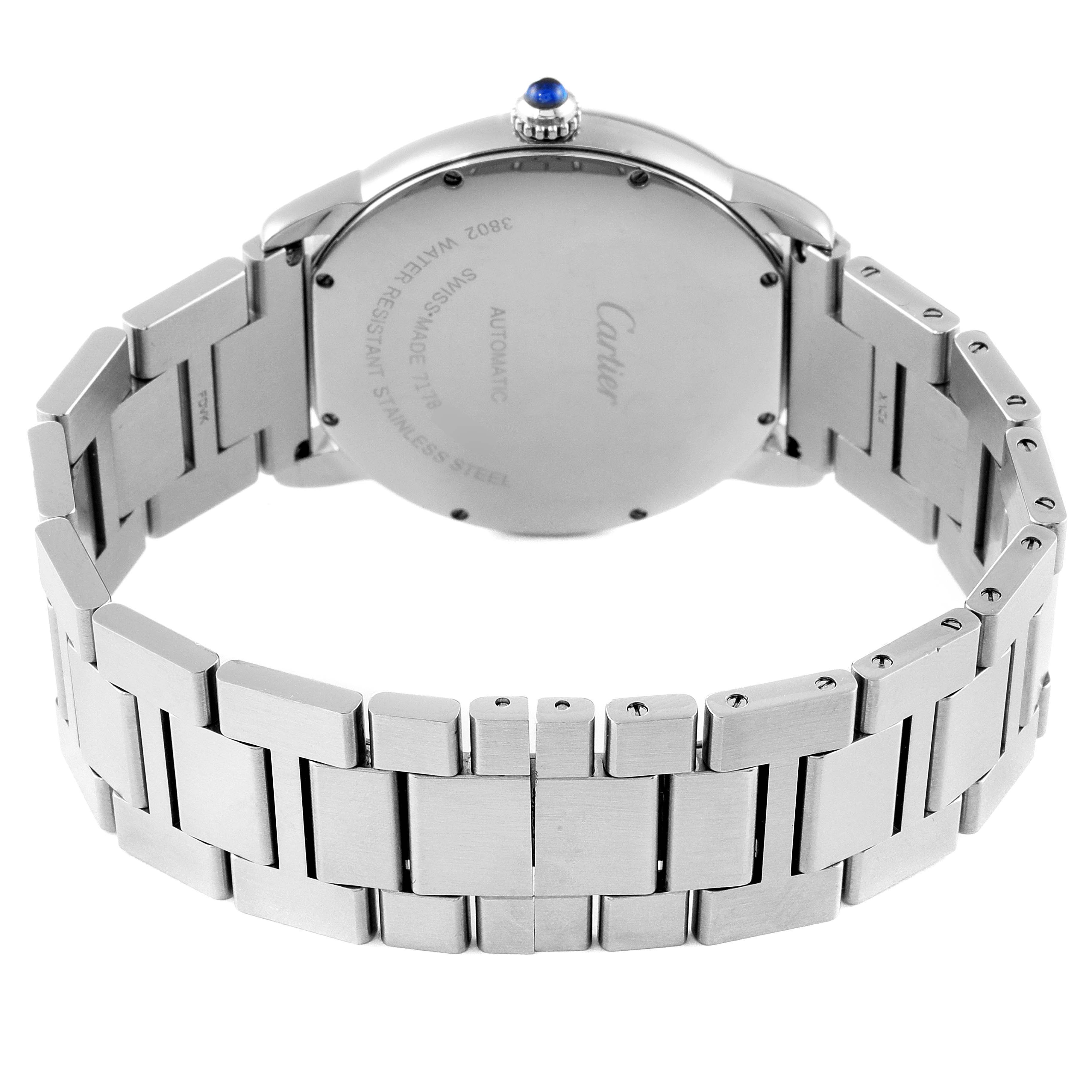 The image shows the back of the Cartier Ronde WSRN0023 Men's Stainless Steel Blue Dial WSRN0023 Men's Stainless Steel Blue Dial watch and its stainless steel bracelet.