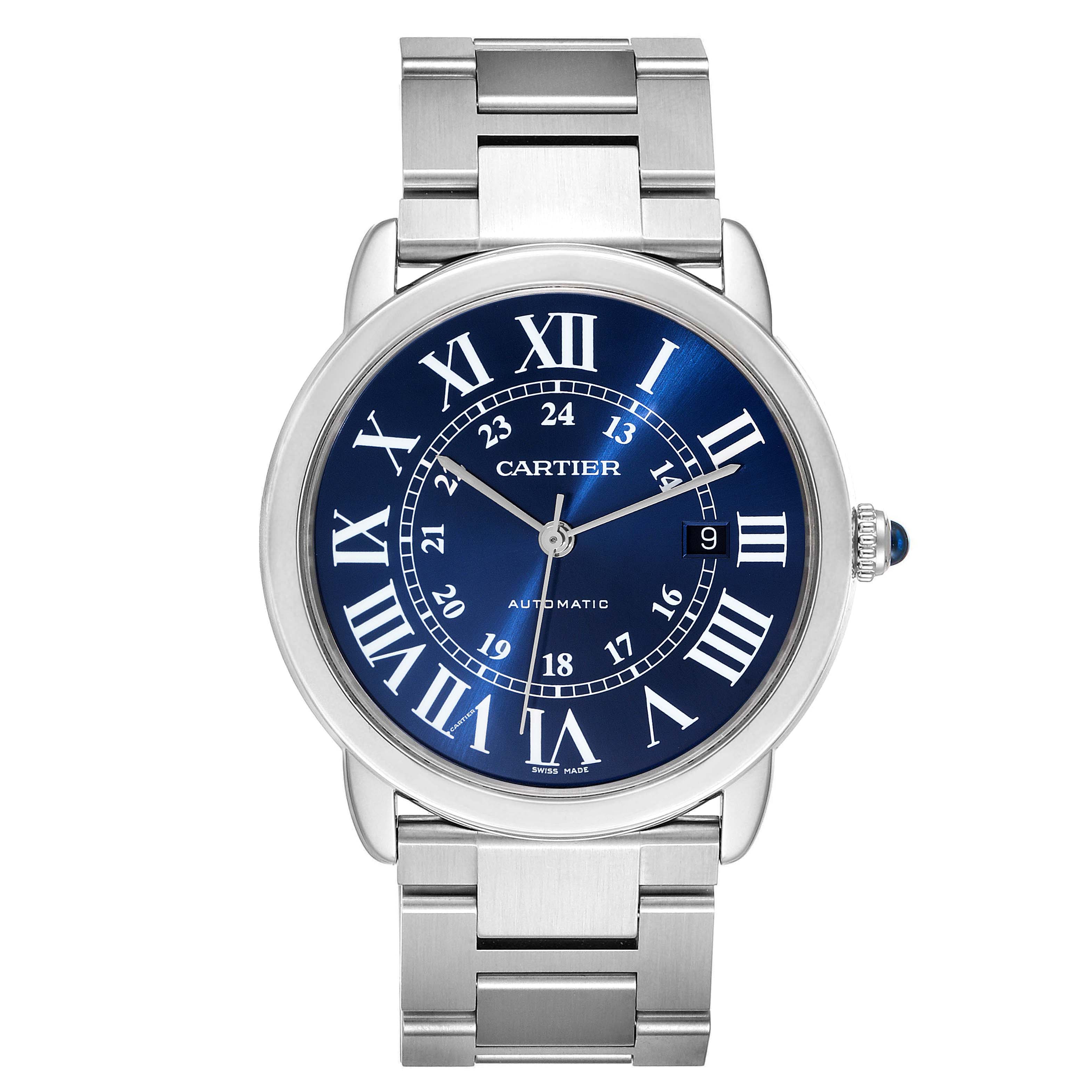 The Cartier Ronde WSRN0023 Men's Stainless Steel Blue Dial WSRN0023 Men's Stainless Steel Blue Dial watch is shown from a front angle, displaying the face, dial, and stainless steel bracelet.