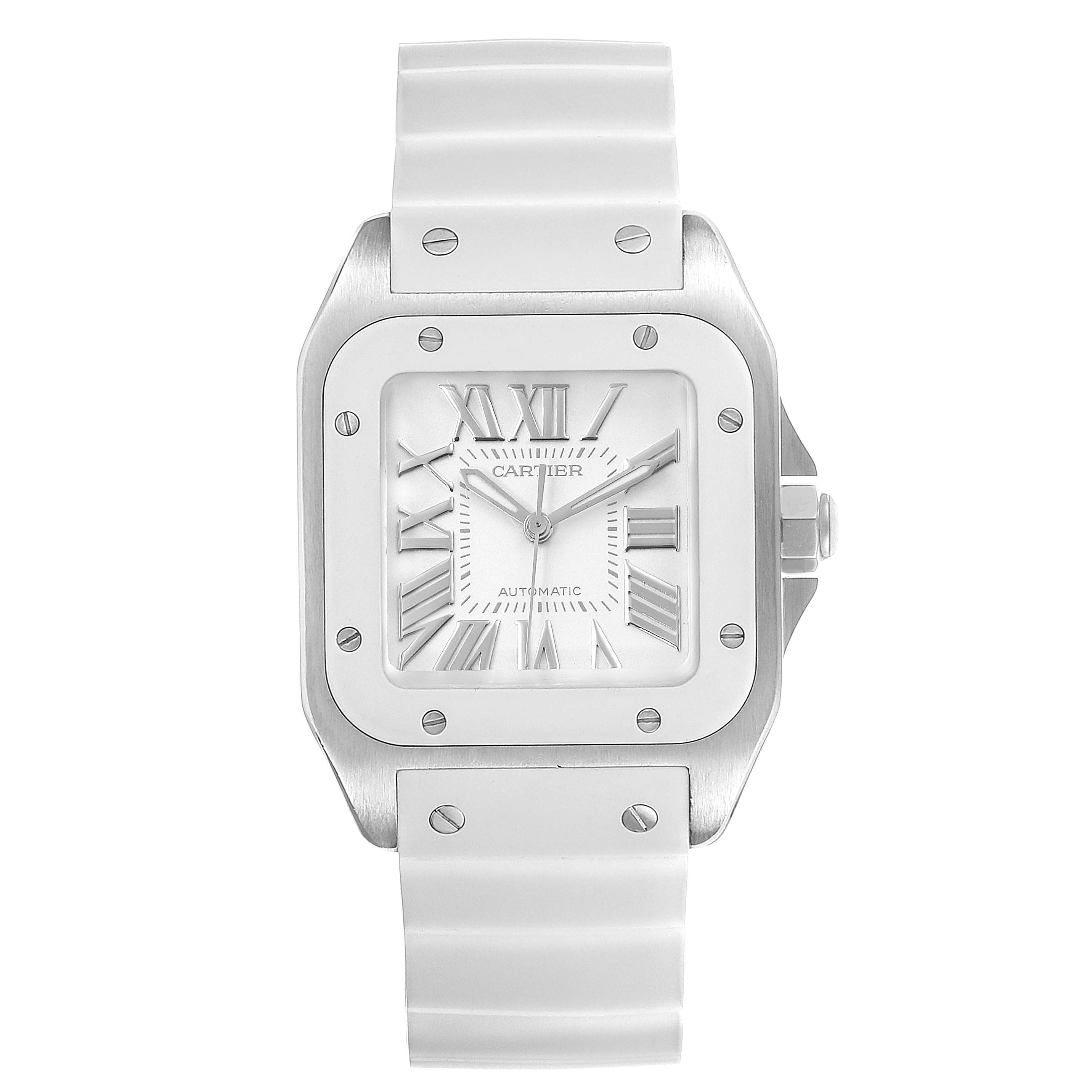 The image shows a front view of a Cartier Santos W20129U2 Women's Stainless Steel Silver Dial W20129U2 Women's Stainless Steel Silver Dial watch, highlighting its square face, Roman numerals, and white strap.