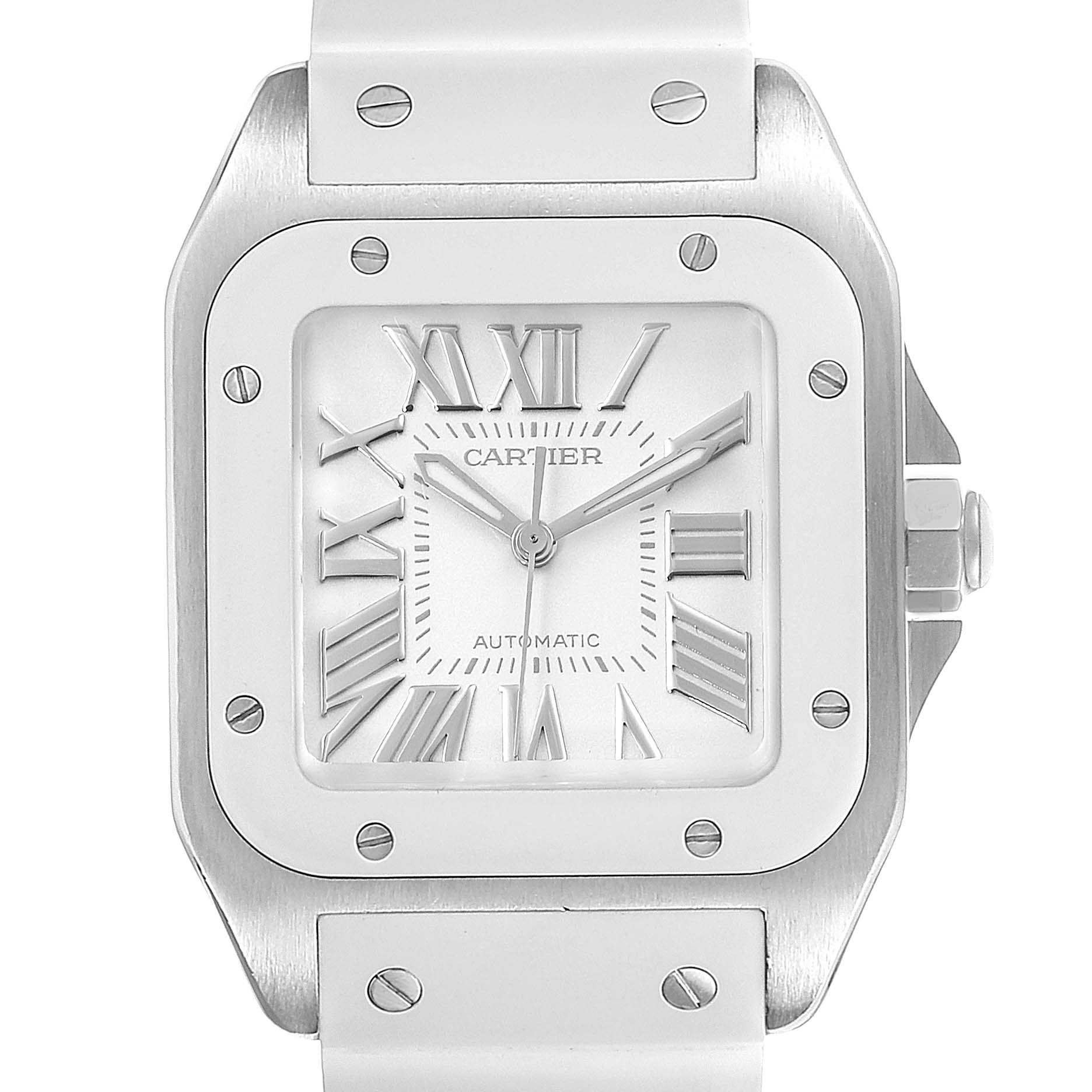 The image shows a front view of a Cartier Santos W20129U2 Women's Stainless Steel Silver Dial W20129U2 Women's Stainless Steel Silver Dial watch, highlighting its square face, Roman numerals, and metal bezel with screws.