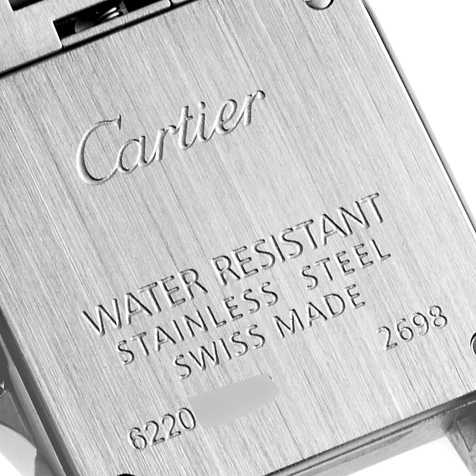 This image shows the back case of a Cartier Santos Demoiselle W25075Z5 Women's Stainless Steel Mother of Pearl Dial W25075Z5 Women's Stainless Steel Mother of Pearl Dial watch, highlighting its water resistance and stainless steel material.