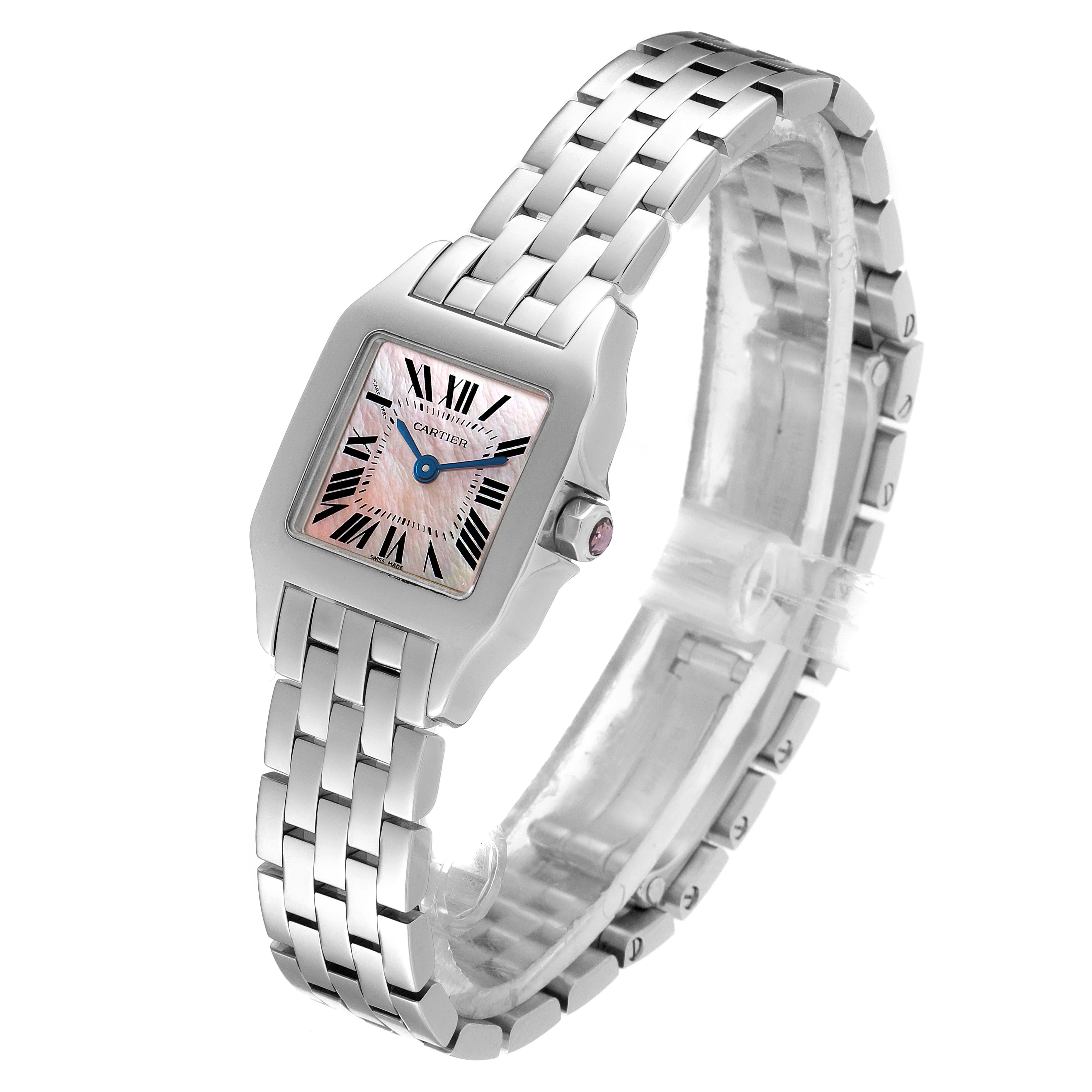 The image shows a Cartier Santos Demoiselle W25075Z5 Women's Stainless Steel Mother of Pearl Dial W25075Z5 Women's Stainless Steel Mother of Pearl Dial watch angled to display its face, band, and side crown.