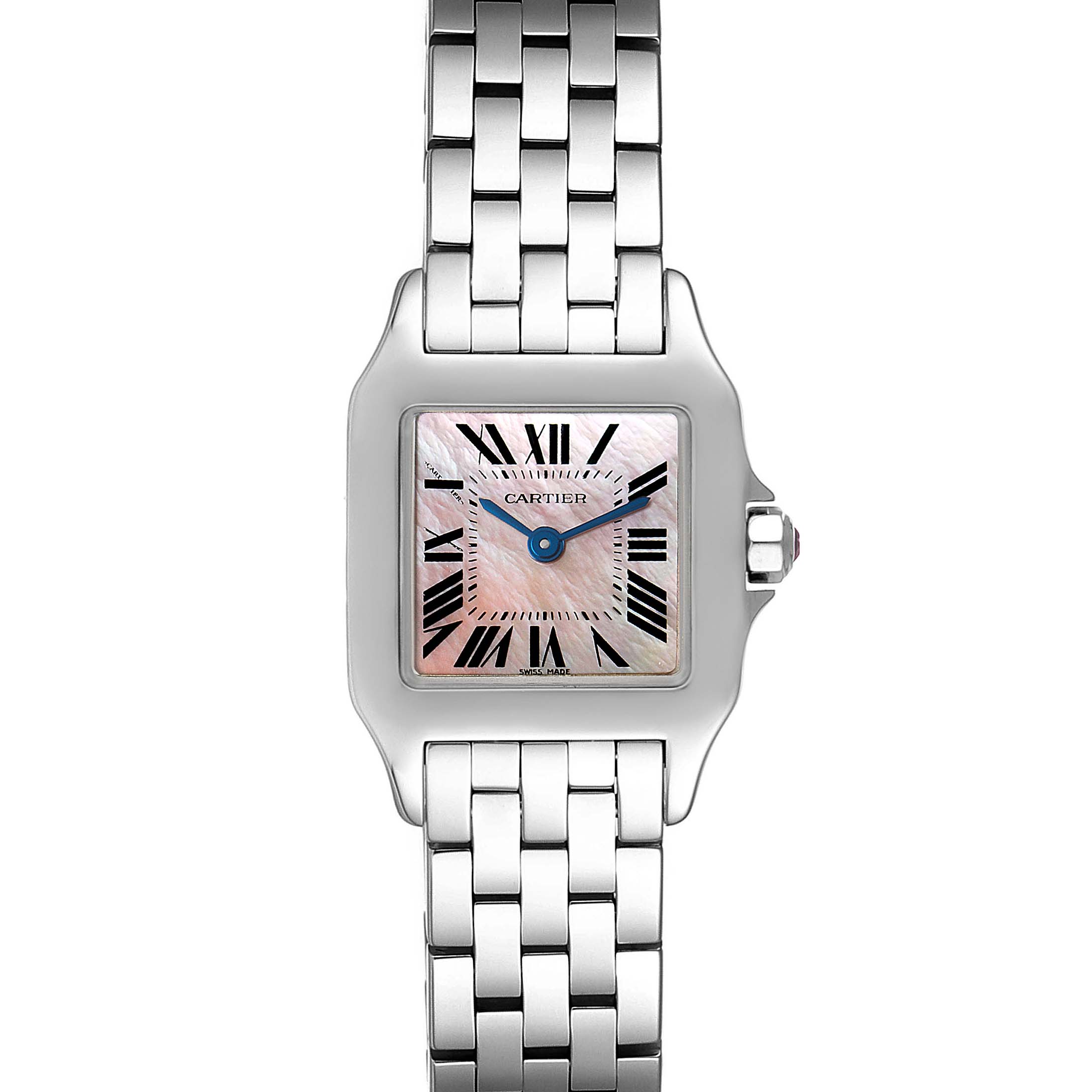 The image shows a top-down view of the Cartier Santos Demoiselle W25075Z5 Women's Stainless Steel Mother of Pearl Dial W25075Z5 Women's Stainless Steel Mother of Pearl Dial watch, displaying its bracelet, face, and dial.