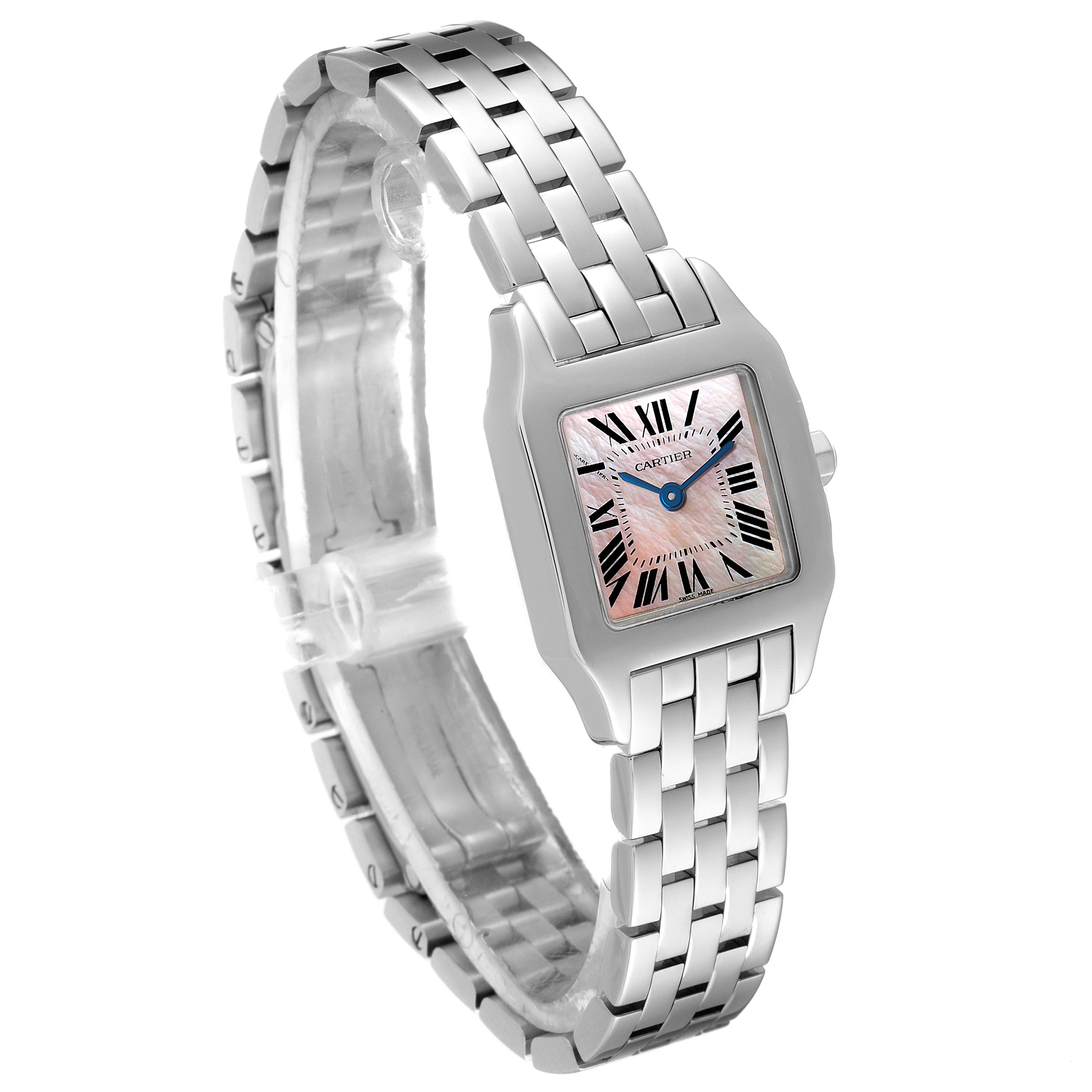 This image shows a Santos Demoiselle model by Cartier at a three-quarter angle, displaying the watch face and bracelet.