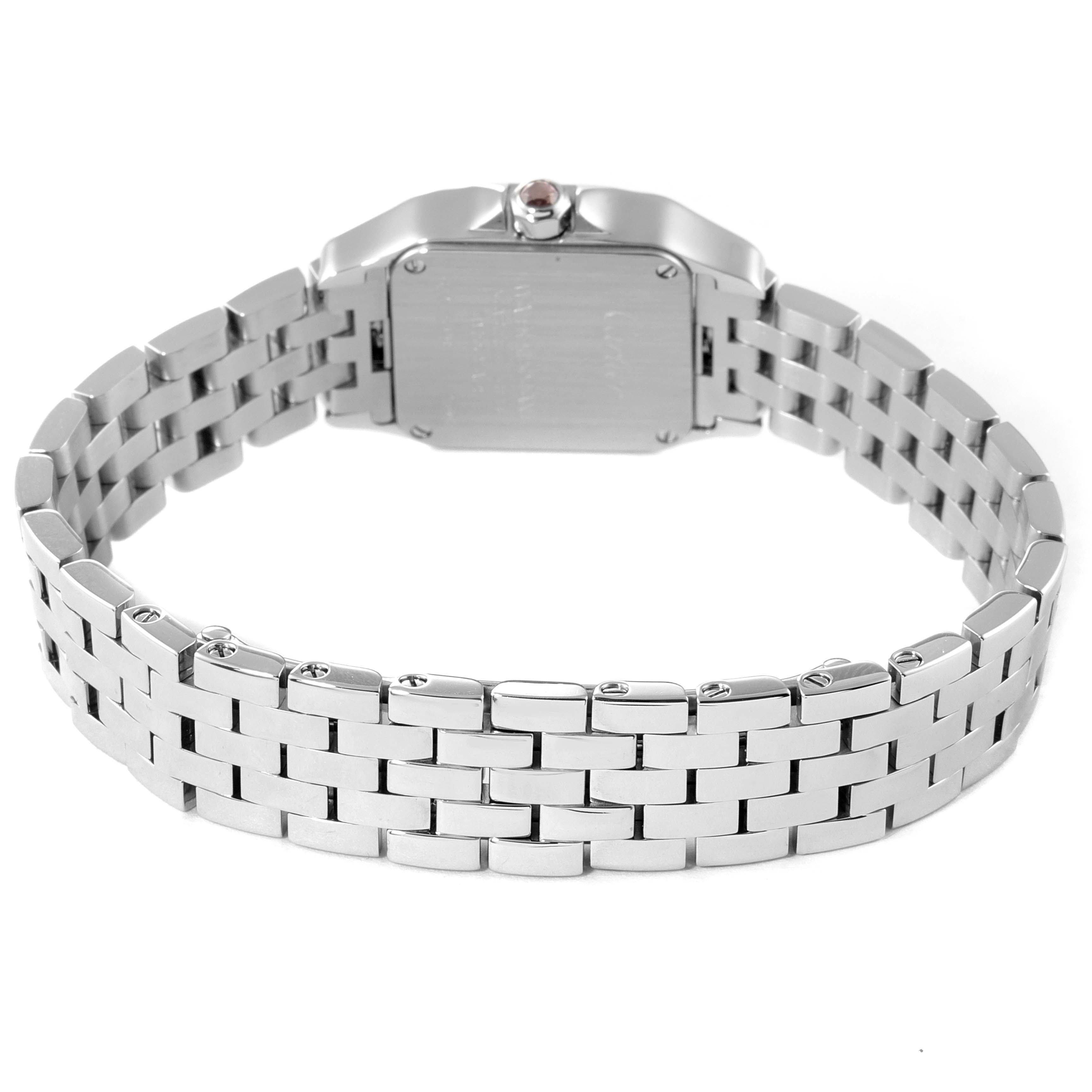 The image shows the back view of the Cartier Santos Demoiselle W25075Z5 Women's Stainless Steel Mother of Pearl Dial W25075Z5 Women's Stainless Steel Mother of Pearl Dial watch, focusing on its metal bracelet and case back.