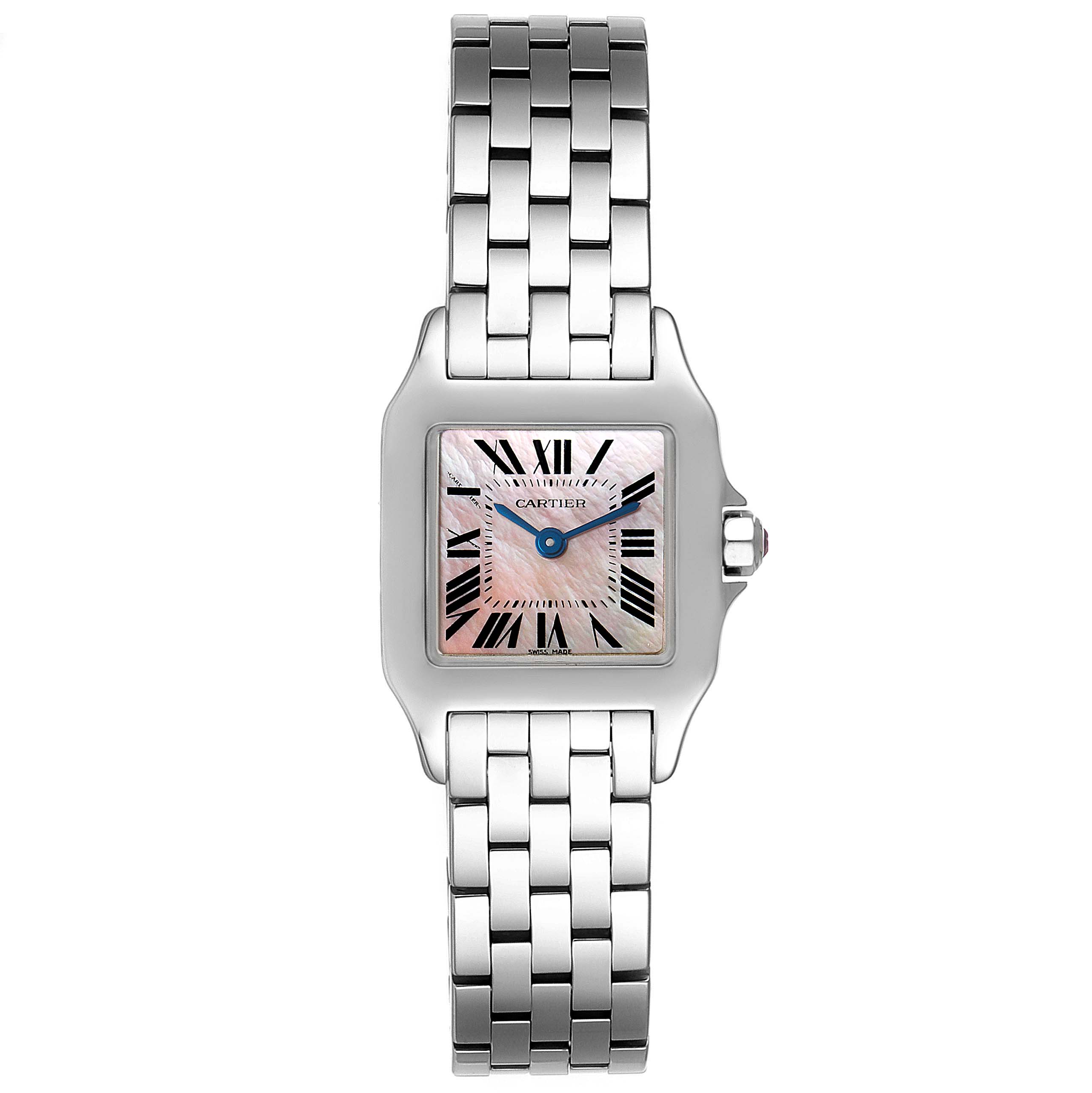 This image shows a front view of the Cartier Santos Demoiselle W25075Z5 Women's Stainless Steel Mother of Pearl Dial W25075Z5 Women's Stainless Steel Mother of Pearl Dial watch, highlighting the face and stainless steel bracelet.