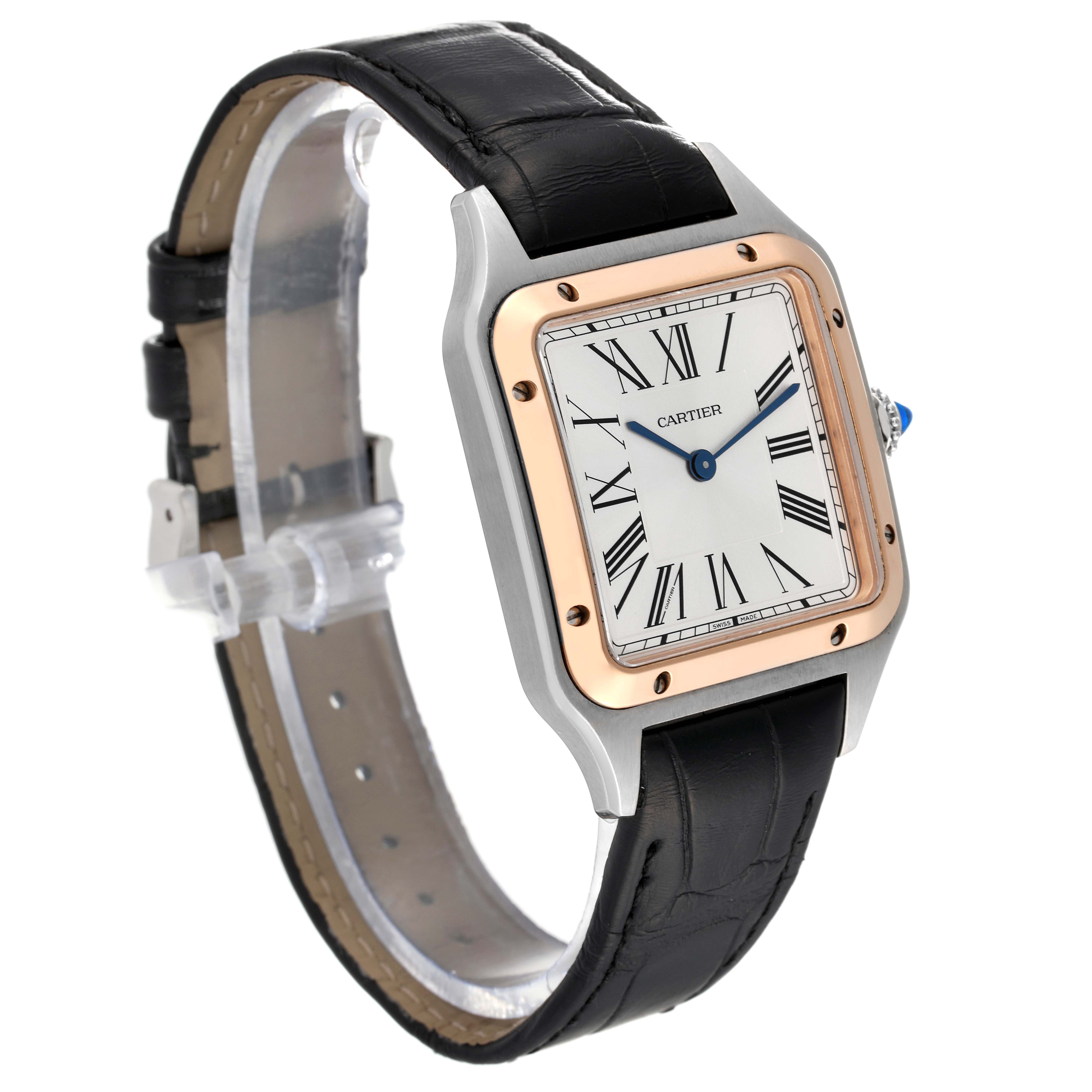 The image shows a Cartier Santos Dumont W2SA0011 Men's Steel and Gold (two tone) Silver Dial W2SA0011 Men's Steel and Gold (two tone) Silver Dial watch at a 3/4 angle, displaying the dial, bezel, and black leather strap.