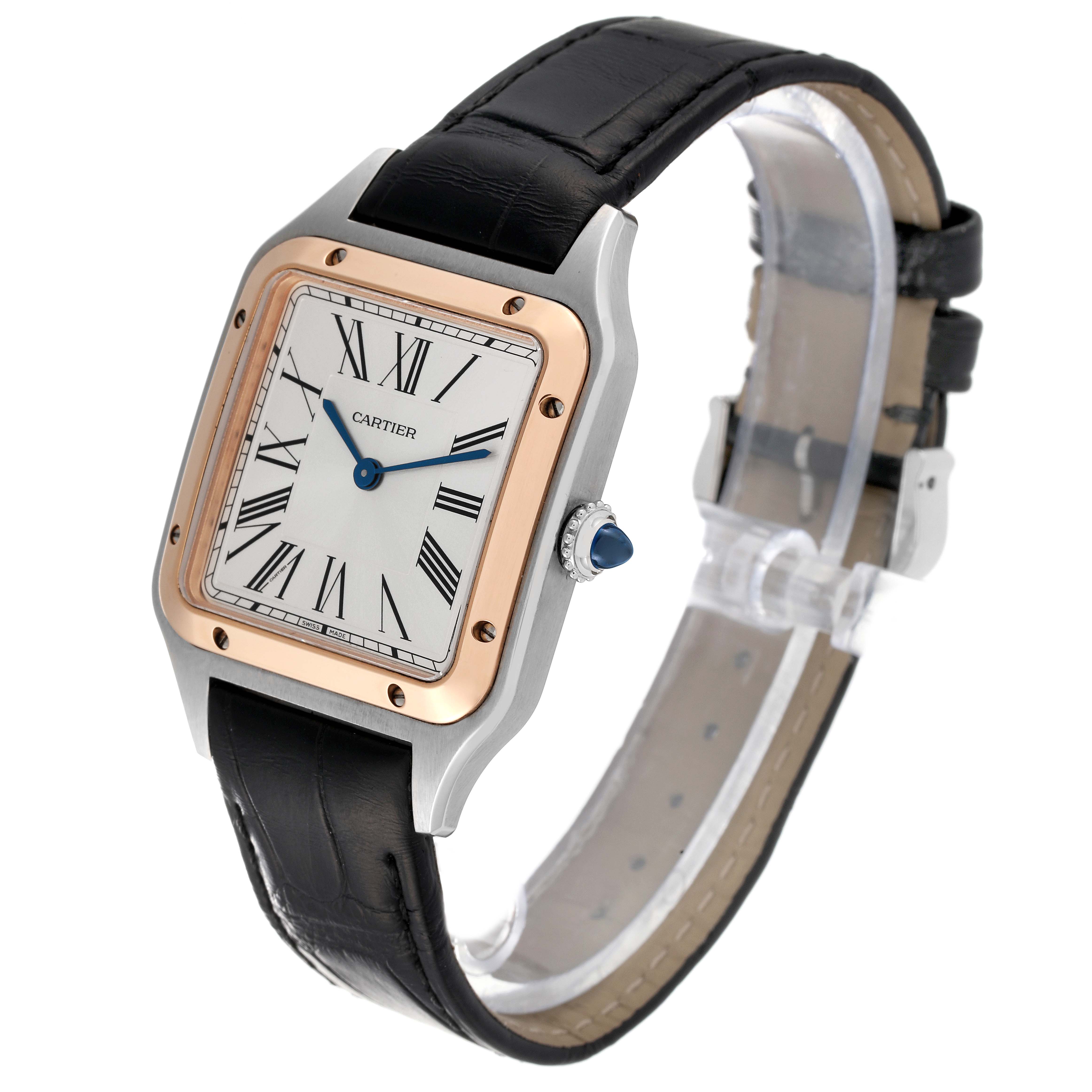 The image shows a Cartier Santos Dumont W2SA0011 Men's Steel and Gold (two tone) Silver Dial W2SA0011 Men's Steel and Gold (two tone) Silver Dial watch at a three-quarter angle, highlighting the square face, leather strap, and crown.