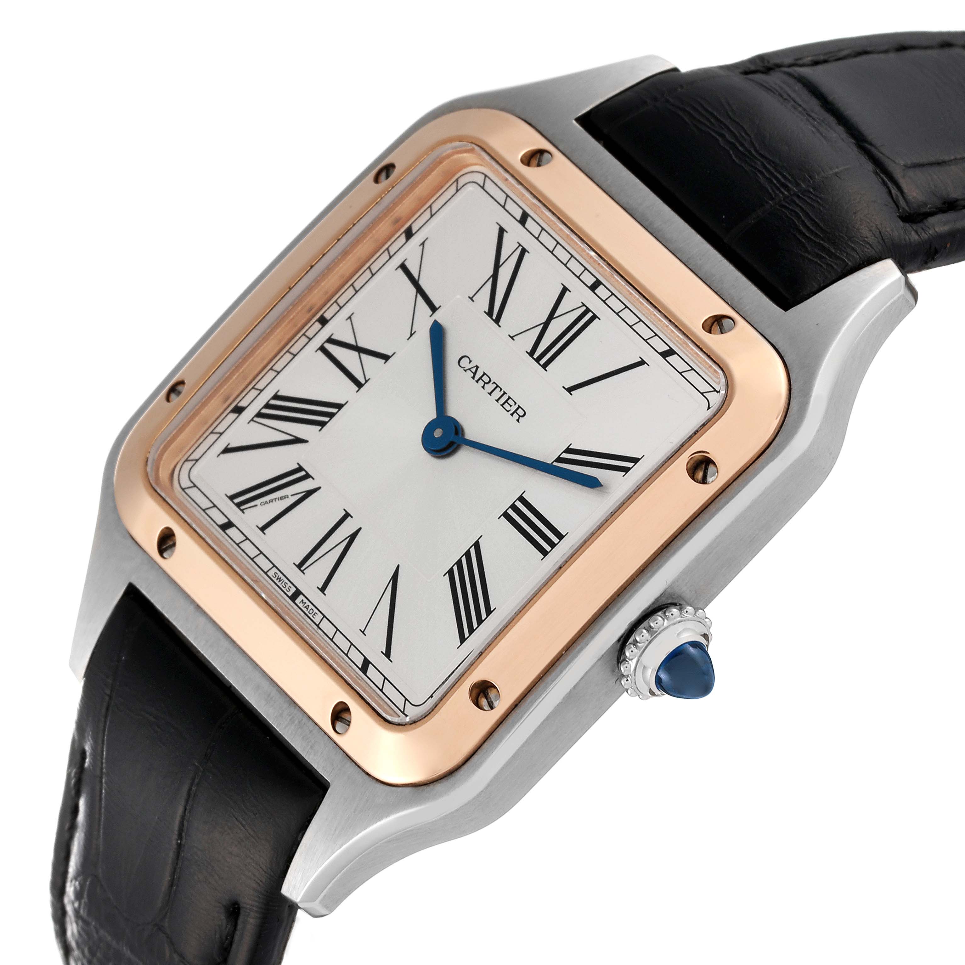 The image shows a Cartier Santos Dumont W2SA0011 Men's Steel and Gold (two tone) Silver Dial W2SA0011 Men's Steel and Gold (two tone) Silver Dial watch at a slight angle, highlighting its square dial, Roman numerals, and black leather strap.