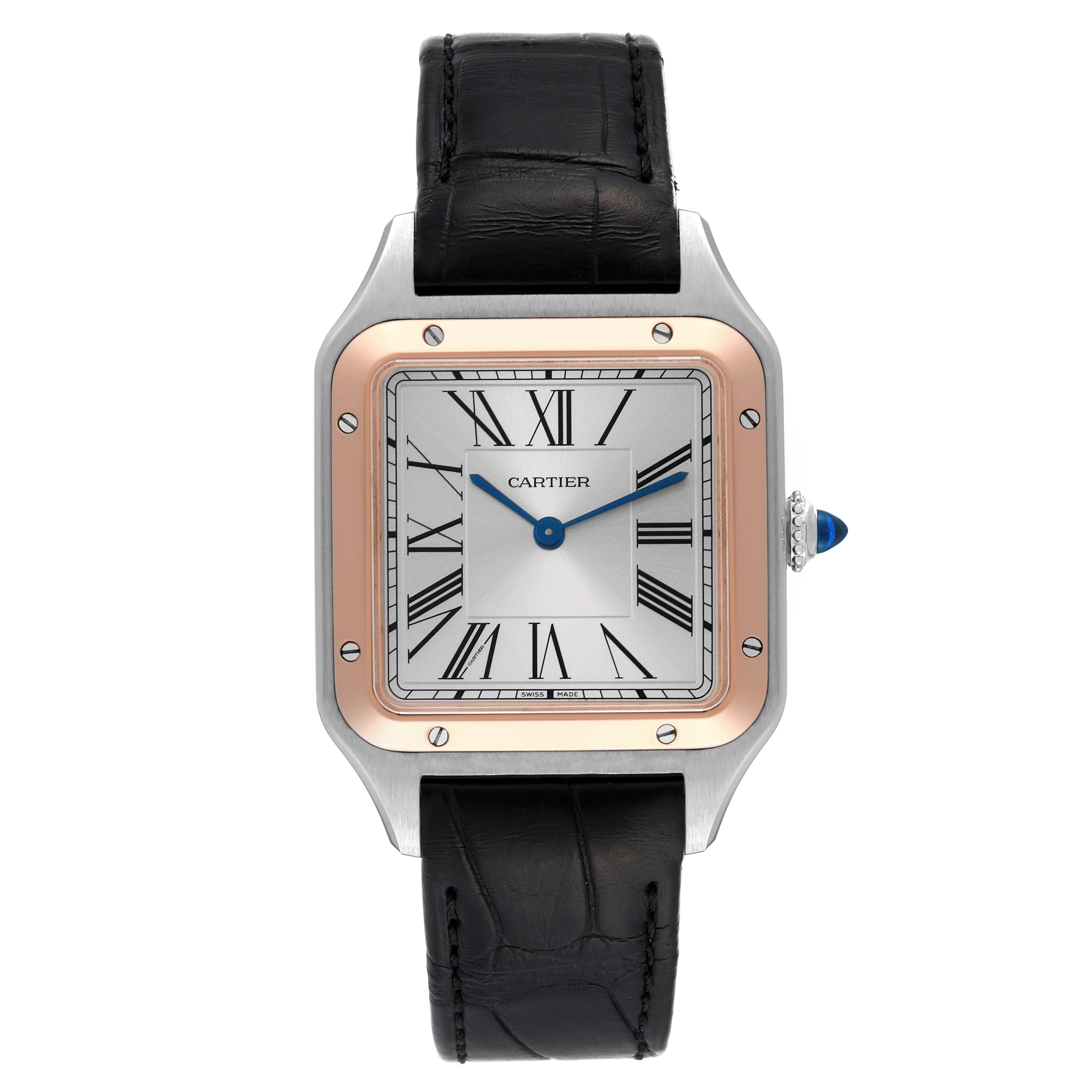 The Santos Dumont model by Cartier is shown from the front, displaying the dial, Roman numerals, and black leather strap.