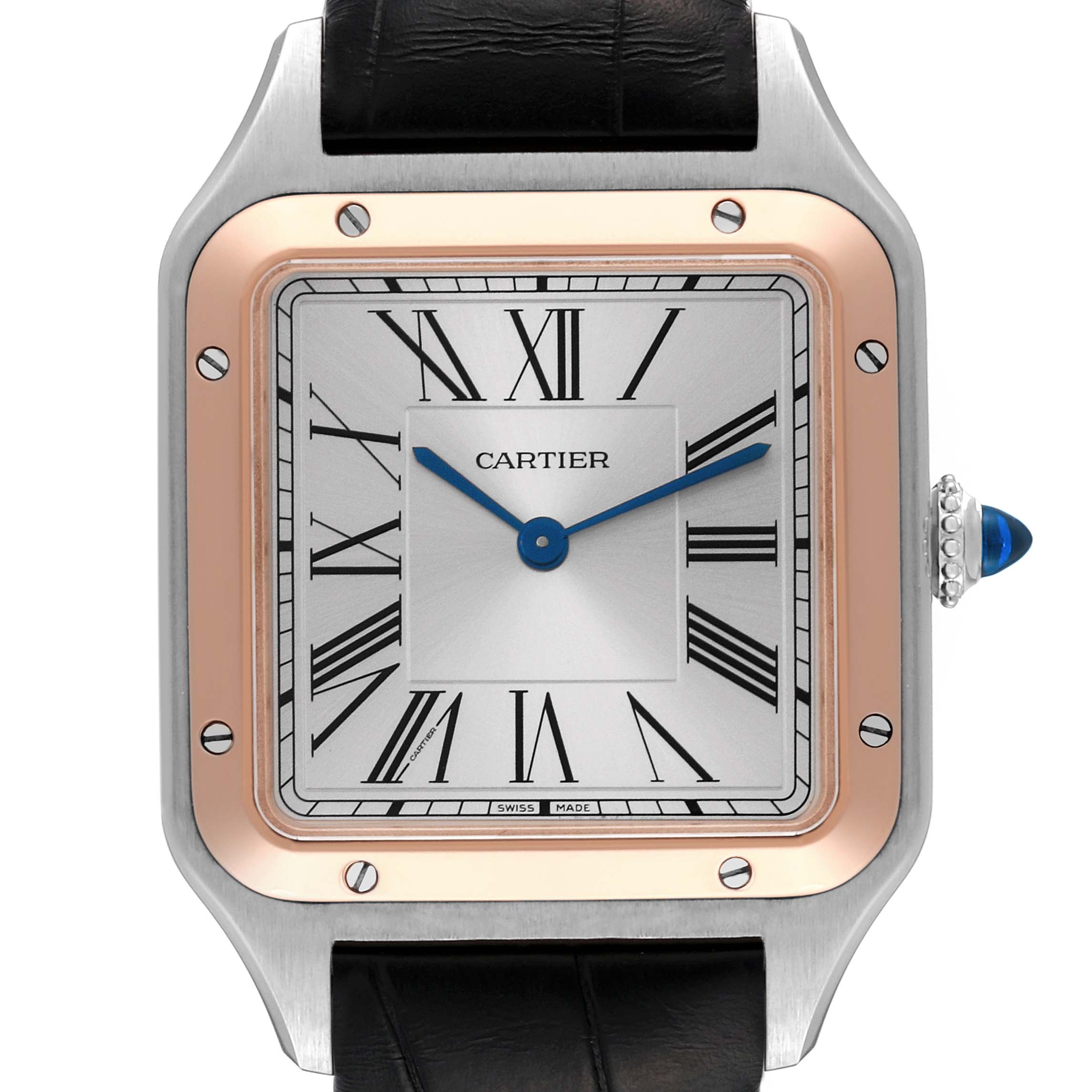 This image shows a close-up of the dial, bezel, and crown of a Cartier Santos Dumont W2SA0011 Men's Steel and Gold (two tone) Silver Dial W2SA0011 Men's Steel and Gold (two tone) Silver Dial watch.