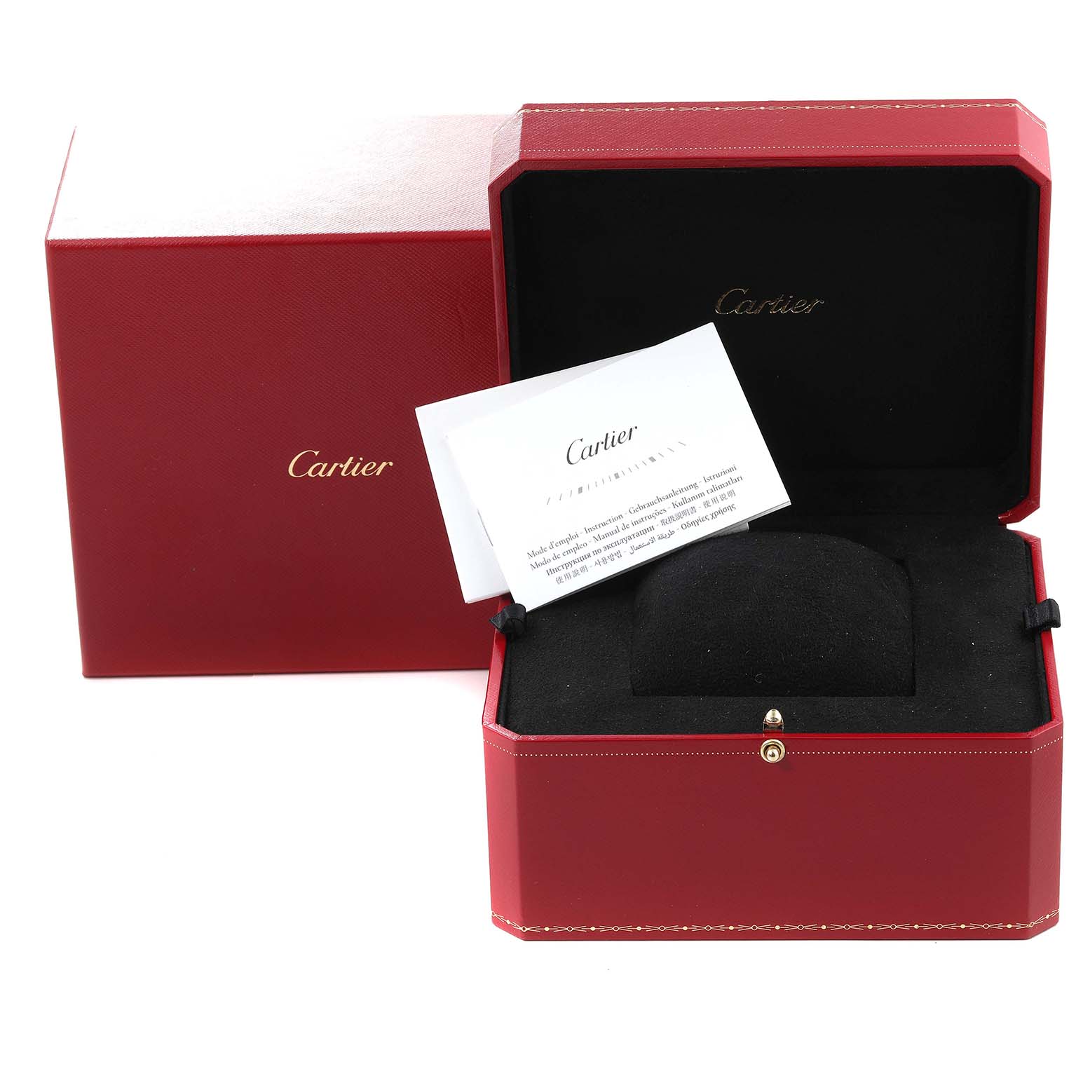 The image shows the open packaging for a Santos Dumont model watch by Cartier, including the watch box and documentation.