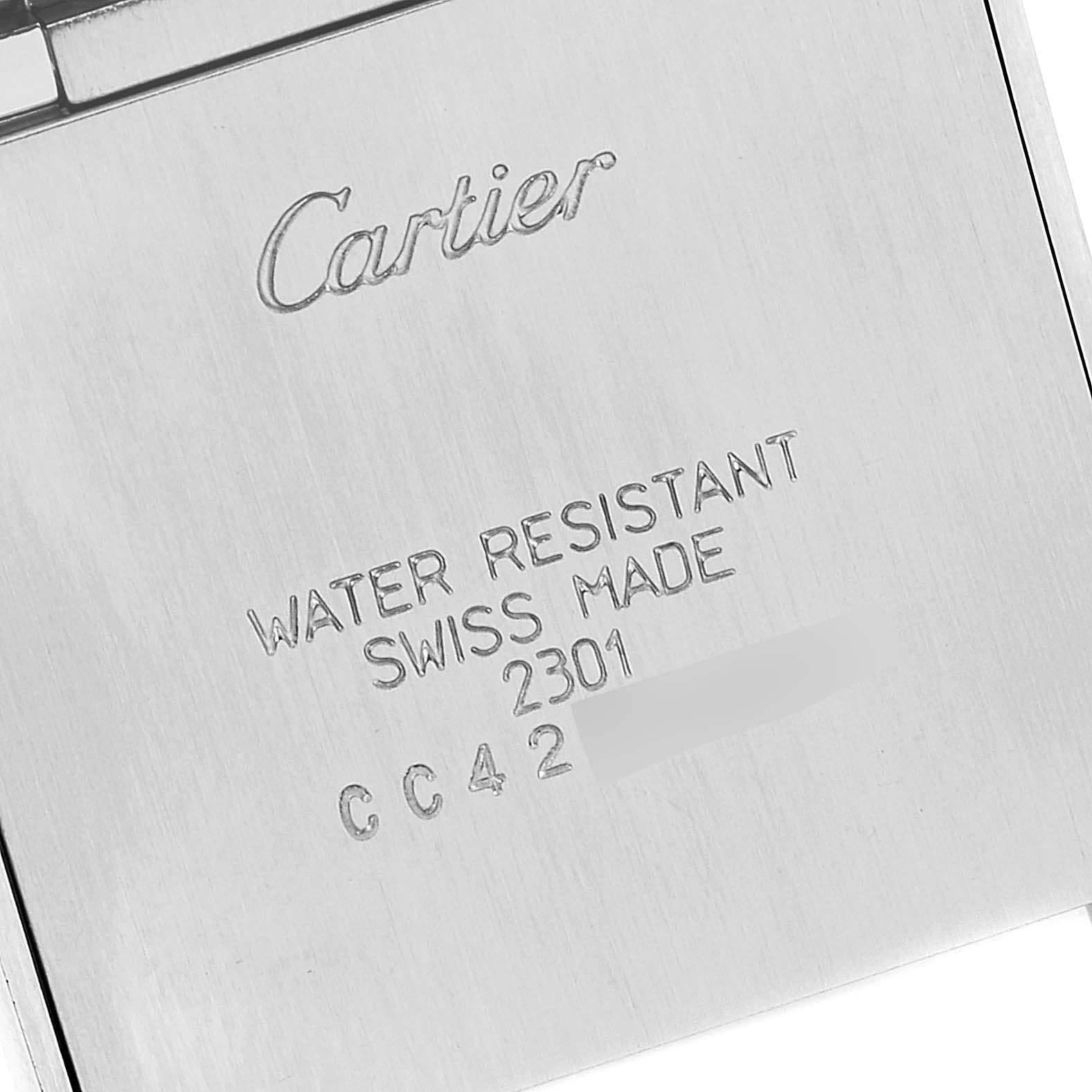 This image shows the back case of a Cartier Tank Francaise WSTA0005 Women
s Stainless Steel Silver Dial WSTA0005 Women
s Stainless Steel Silver Dial watch, detailing the brand, model, and water resistance information.