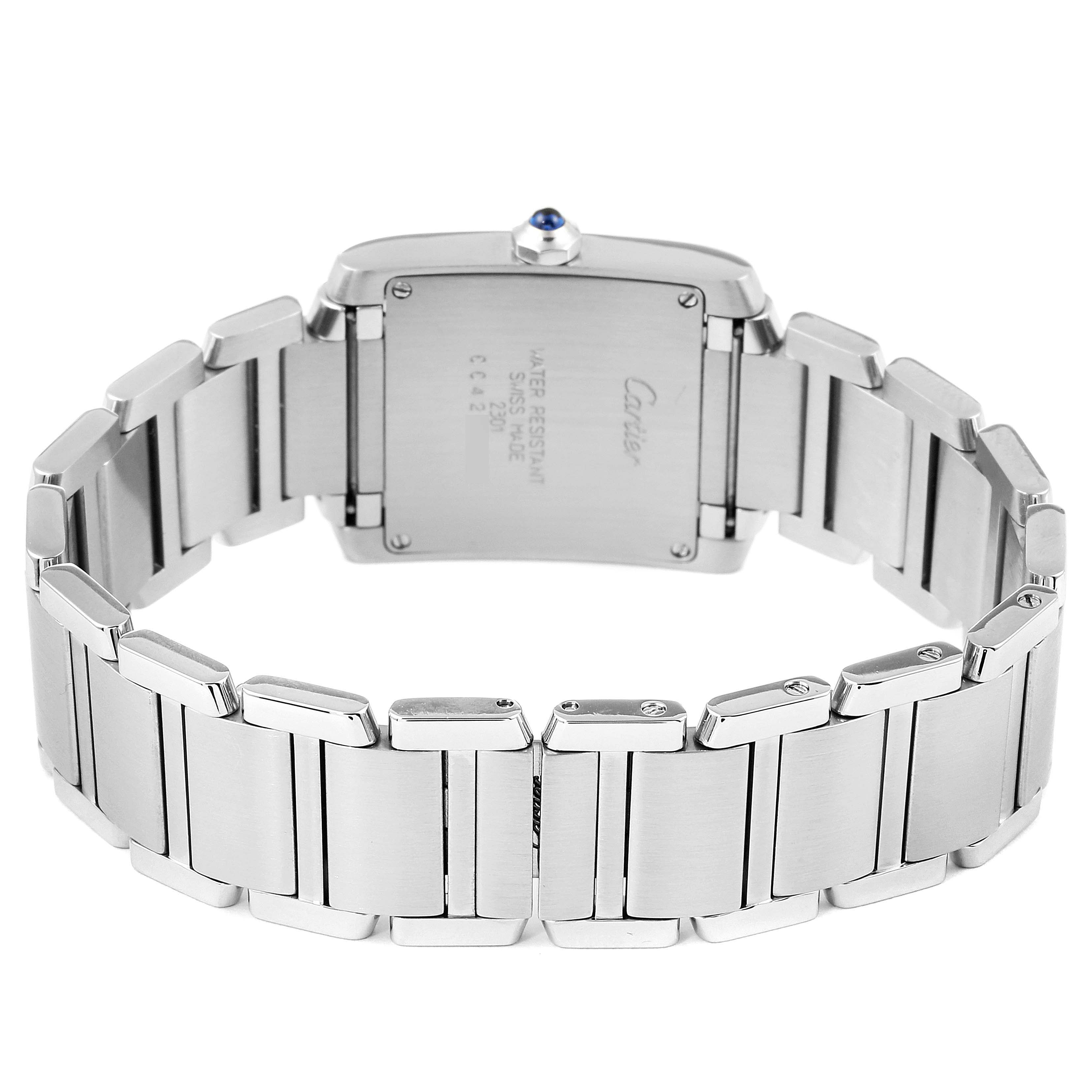 The image shows the back view of a Cartier Tank Francaise WSTA0005 Women
s Stainless Steel Silver Dial WSTA0005 Women
s Stainless Steel Silver Dial watch, highlighting its stainless steel case and bracelet.