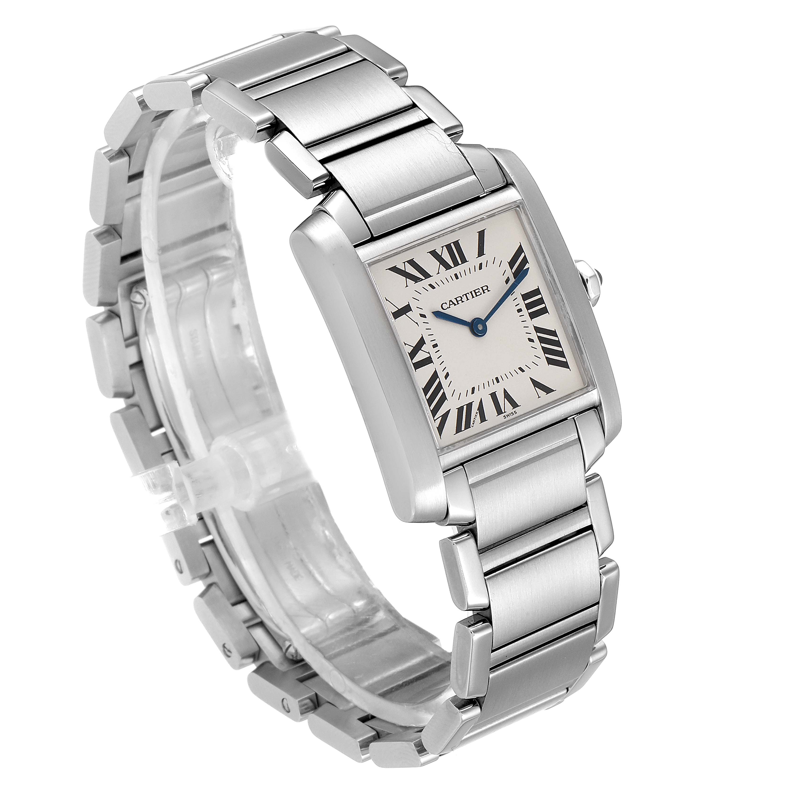 The image shows a Cartier Tank Francaise WSTA0005 Women
s Stainless Steel Silver Dial WSTA0005 Women
s Stainless Steel Silver Dial watch at a three-quarter angle, highlighting its rectangular face and stainless steel bracelet.