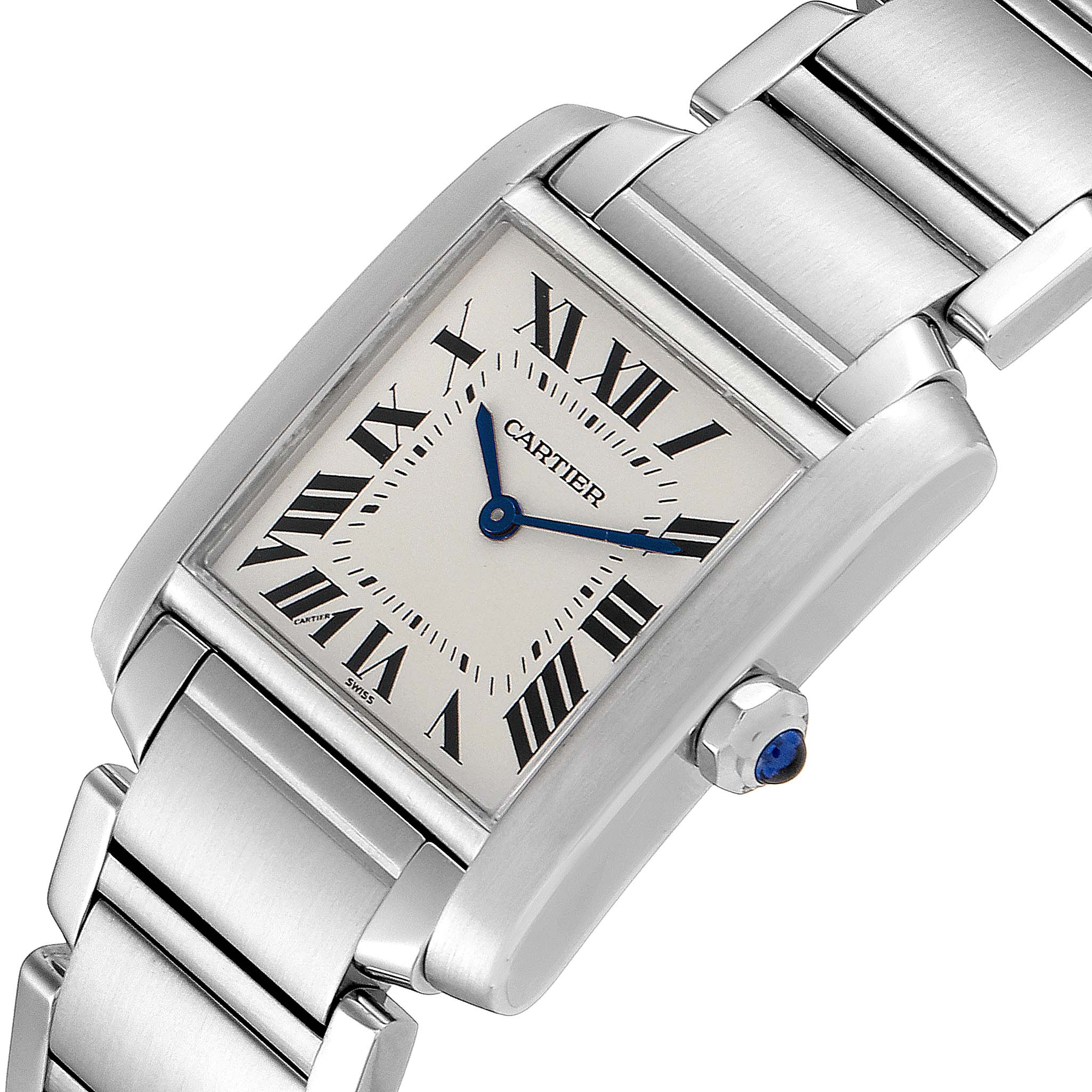 The image shows a Cartier Tank Française watch from a tilted angle, highlighting its rectangular case and metallic strap.